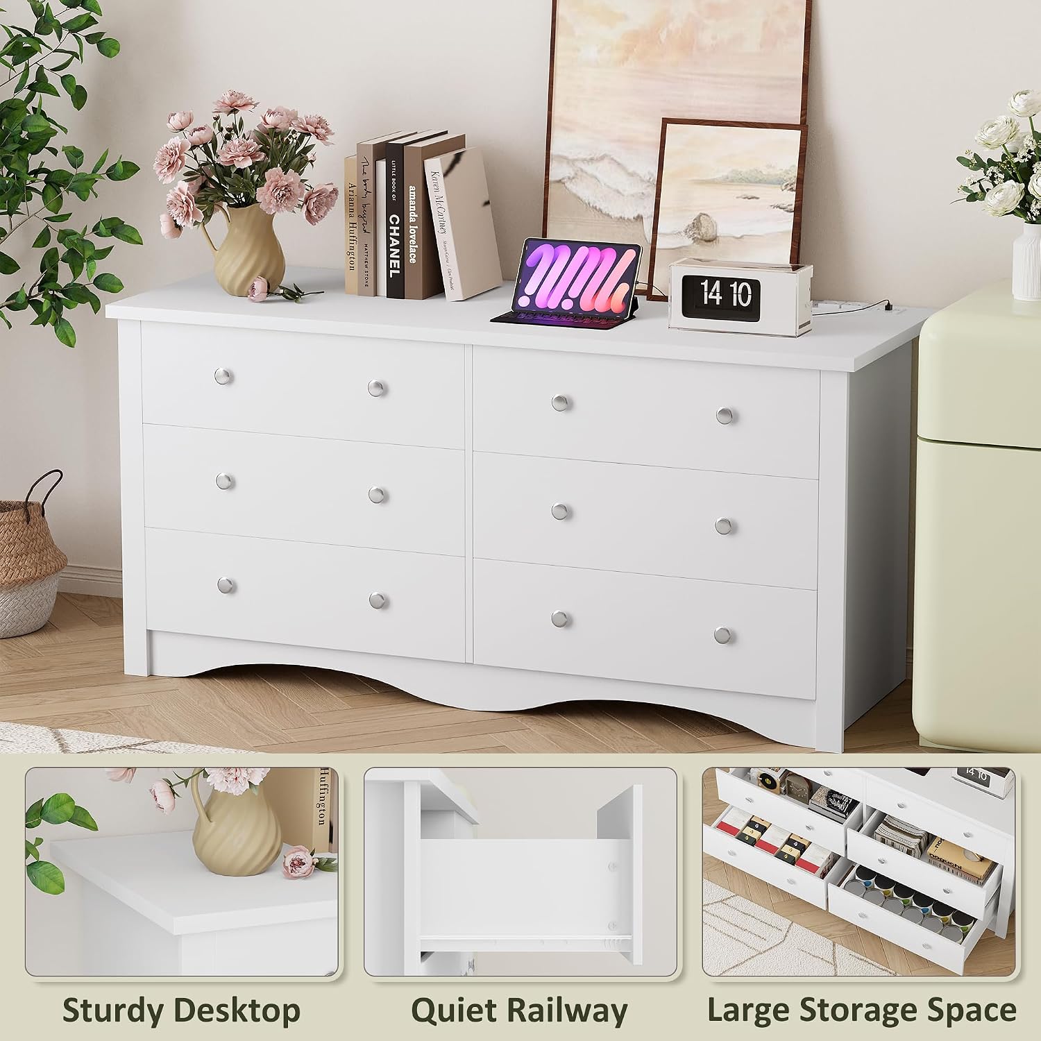 YESHOMY Dresser for Bedroom with Power Outlet,6 Drawers Dresser, Modern Chest of Drawers, Wooden Dressers, TV Stand for Living Room,Closet, Hallway (White)