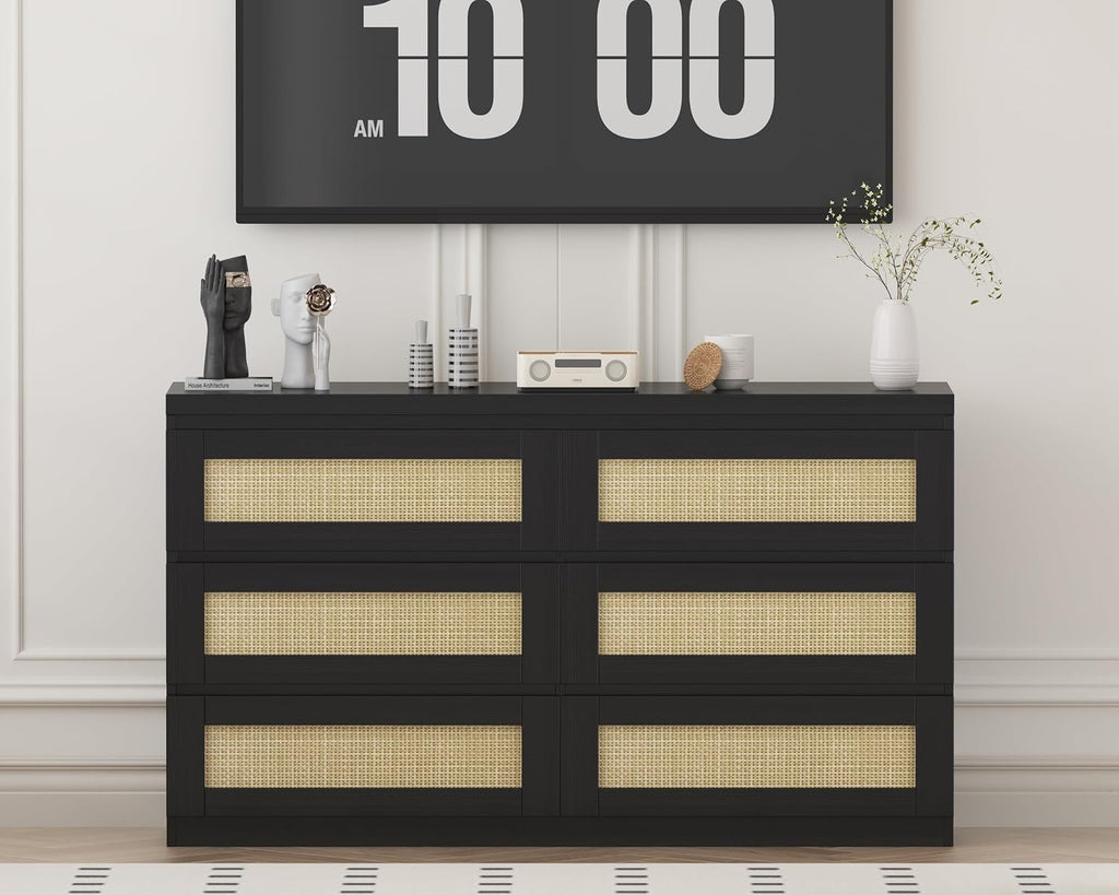 Patikuin Rattan Dresser for Bedroom, Modern 6 Drawer Dresser, Wide Chest of Drawers with Anti-Tip Kit & Smooth Slide Rail, Wood Storage Dressers for Closet, Hallway, Living Room, Black