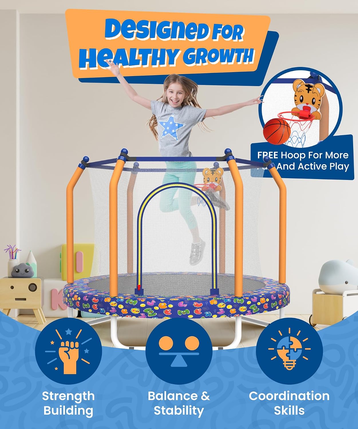Mersco 55' Trampoline for Kids, 440lbs Capacity Indoor & Outdoor Toddler Kids Trampoline with Basketball Hoop, Safety Enclosure, Birthday Gifts for Boy and Girl, Age 1-8