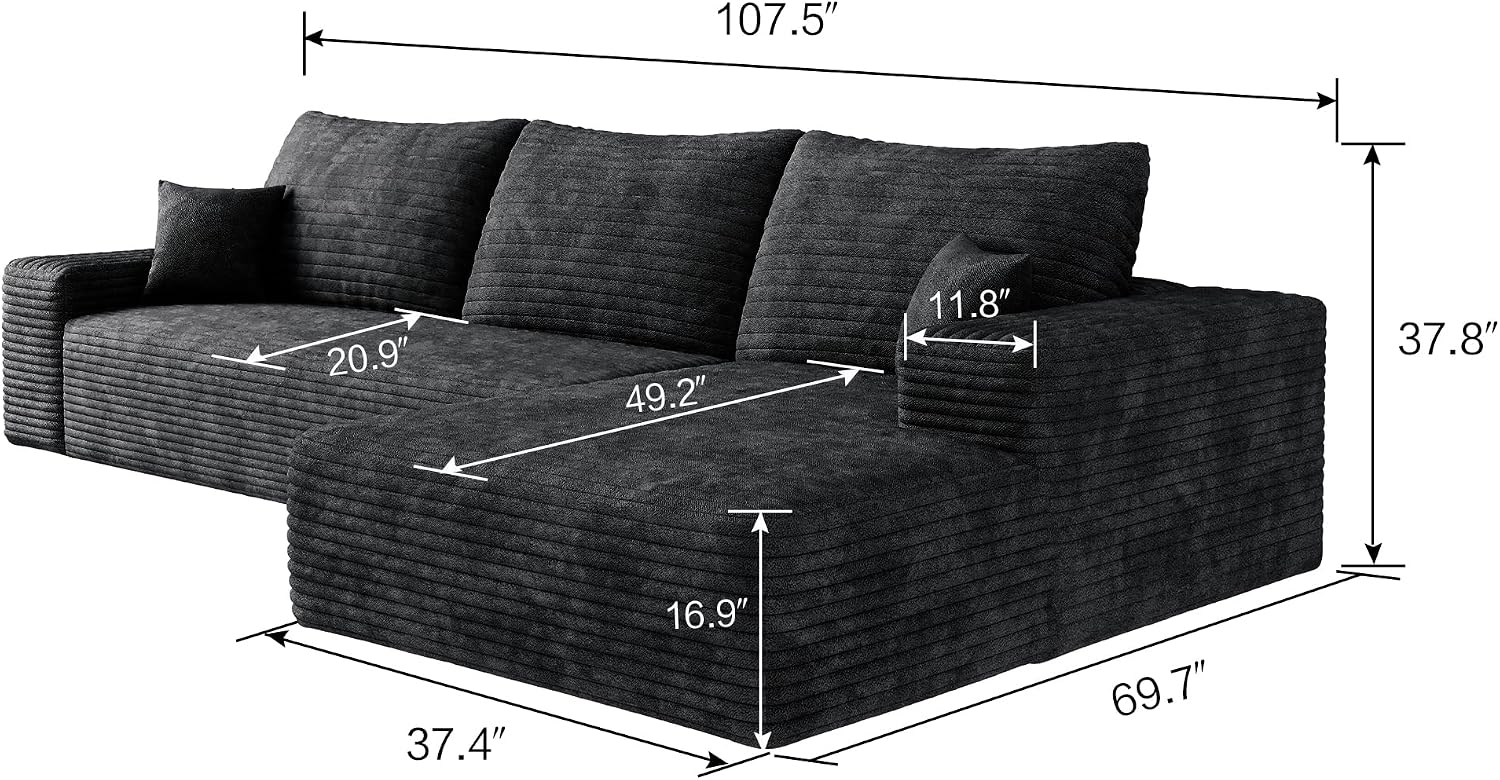 Eafurn Oversized L Shape Modular Sectional Sofa with Right Facing Chaise Lounge,Wide Deep Seat Compressed Corner Couch,Minimalist Corduroy Upholstered Boneless Lounge Sofa Couch