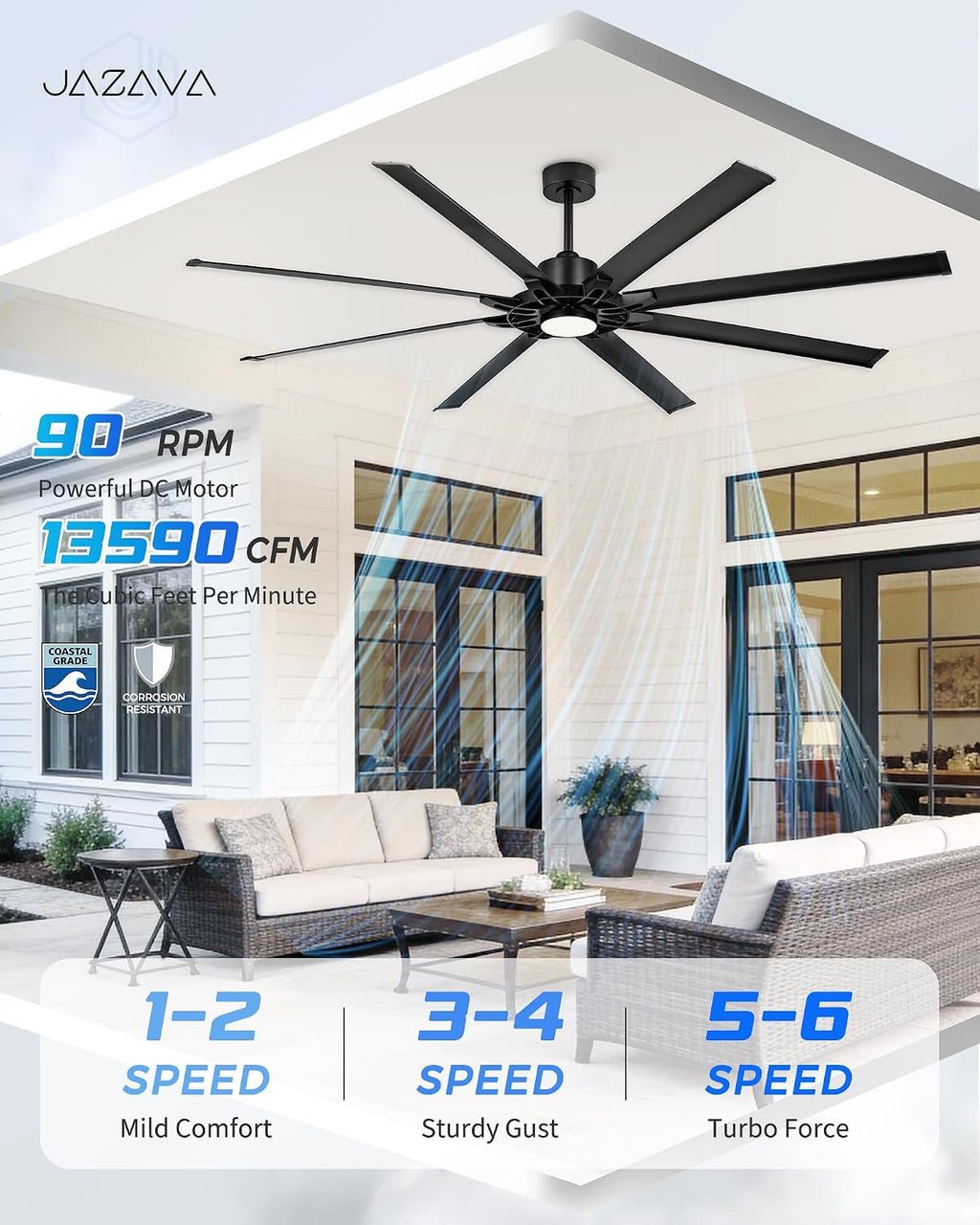 84 Inch Ceiling Fan With Light, Industrial Ceiling Fan With 8 Aluminium Metal Blades, Smart Fan Compatible with Alexa, Garage Indoor Fan For Living Room and Patio, ZCCF05ABK-84