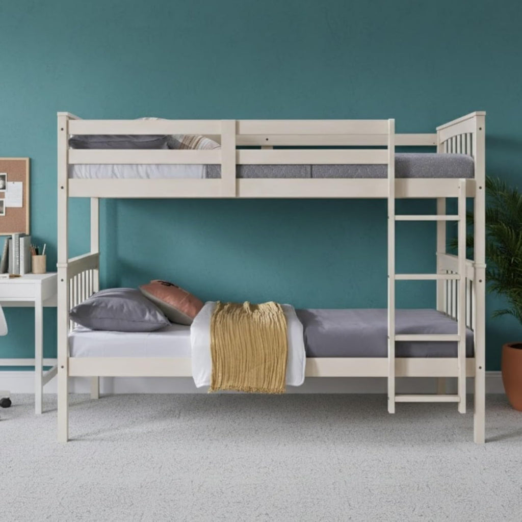 HOME DESIGN Ames Twin Over Twin Solid Wood Standard Bunk Bed with Guardrails and Ladder, Convertible to Two Twin Beds, Antique White