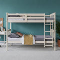 HOME DESIGN Ames Twin Over Twin Solid Wood Standard Bunk Bed with Guardrails and Ladder, Convertible to Two Twin Beds, Antique White