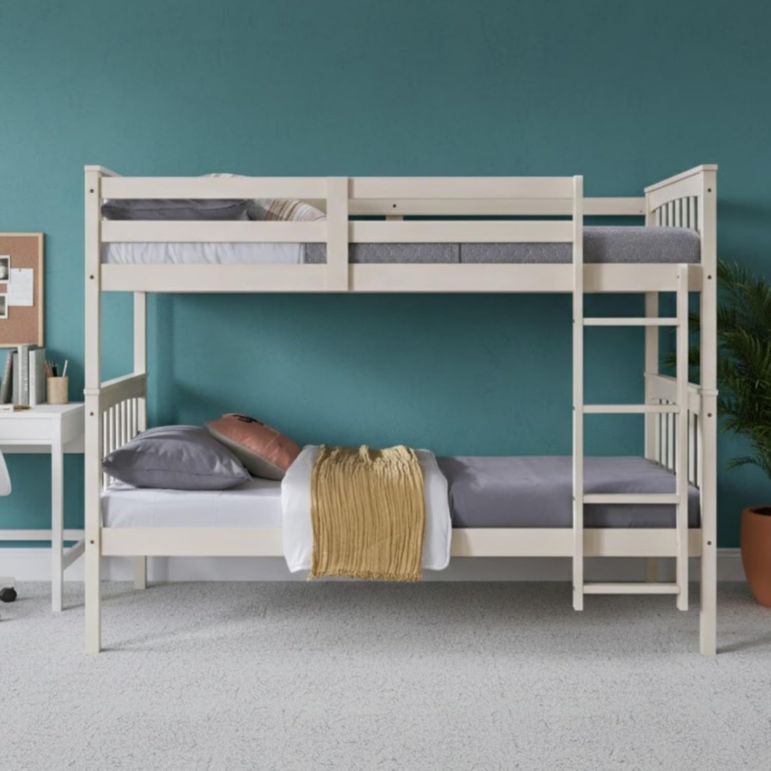 HOME DESIGN Ames Twin Over Twin Solid Wood Standard Bunk Bed with Guardrails and Ladder, Convertible to Two Twin Beds, Antique White