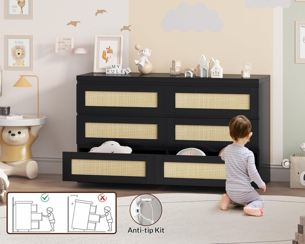 Patikuin Rattan Dresser for Bedroom, Modern 6 Drawer Dresser, Wide Chest of Drawers with Anti-Tip Kit & Smooth Slide Rail, Wood Storage Dressers for Closet, Hallway, Living Room, Black