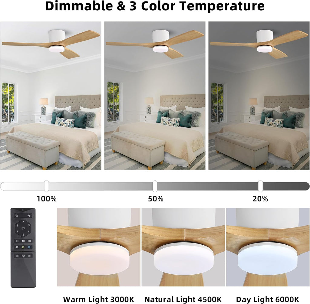 WINGBO 48 Inch Flush Mount DC Ceiling Fan, 3CCT Dimmable Light, 3 Carved Wood Blades, 6-Speed Noiseless Reversible DC Motor, Hugger Low Profile Fan, Gloss White Finish with Oak Blades, ETL Listed