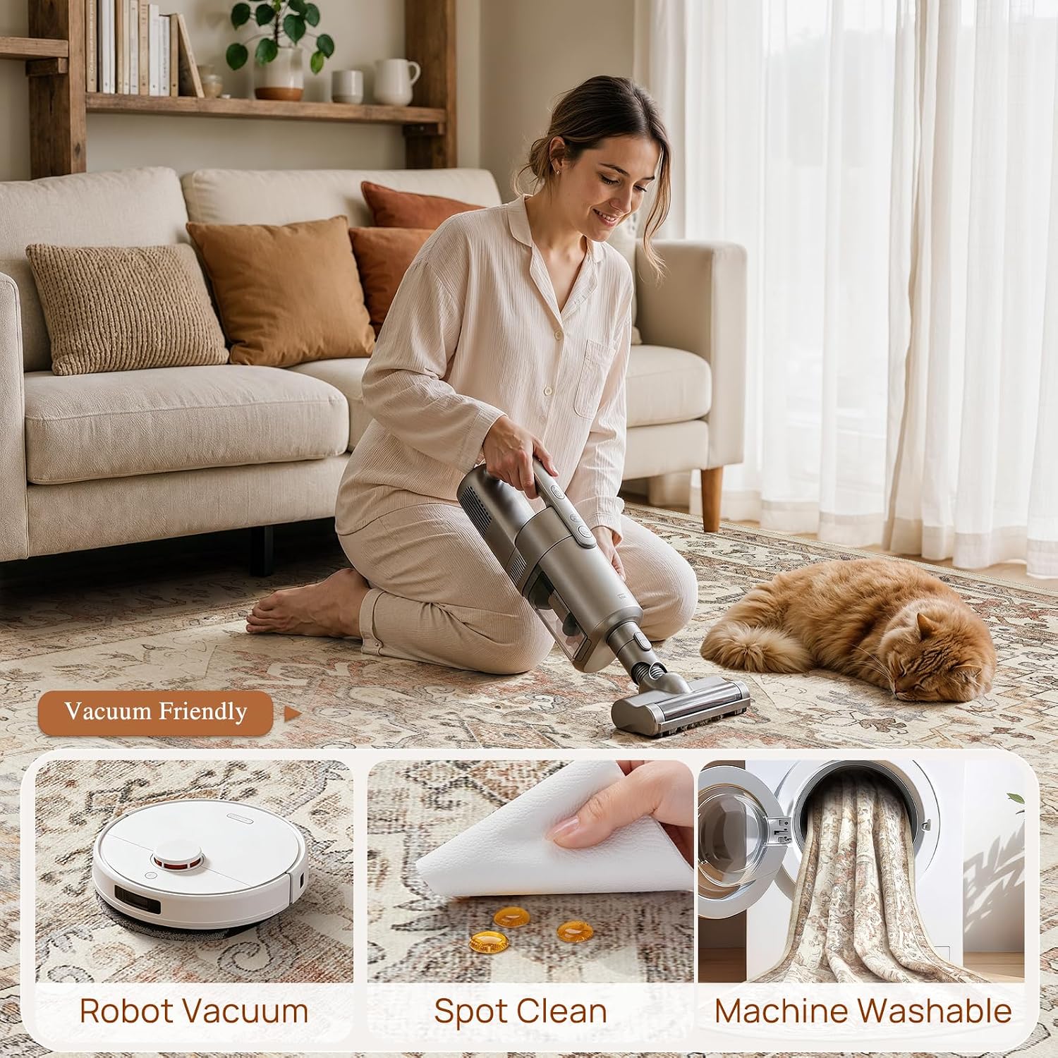 Washable Rug 9x13 Area Rugs: Boho Vintage Distressed Oriental Medallion Neutral Thin Large Rug Carpet for Living Room Bedroom Dining Room Home Office Decor - Beige