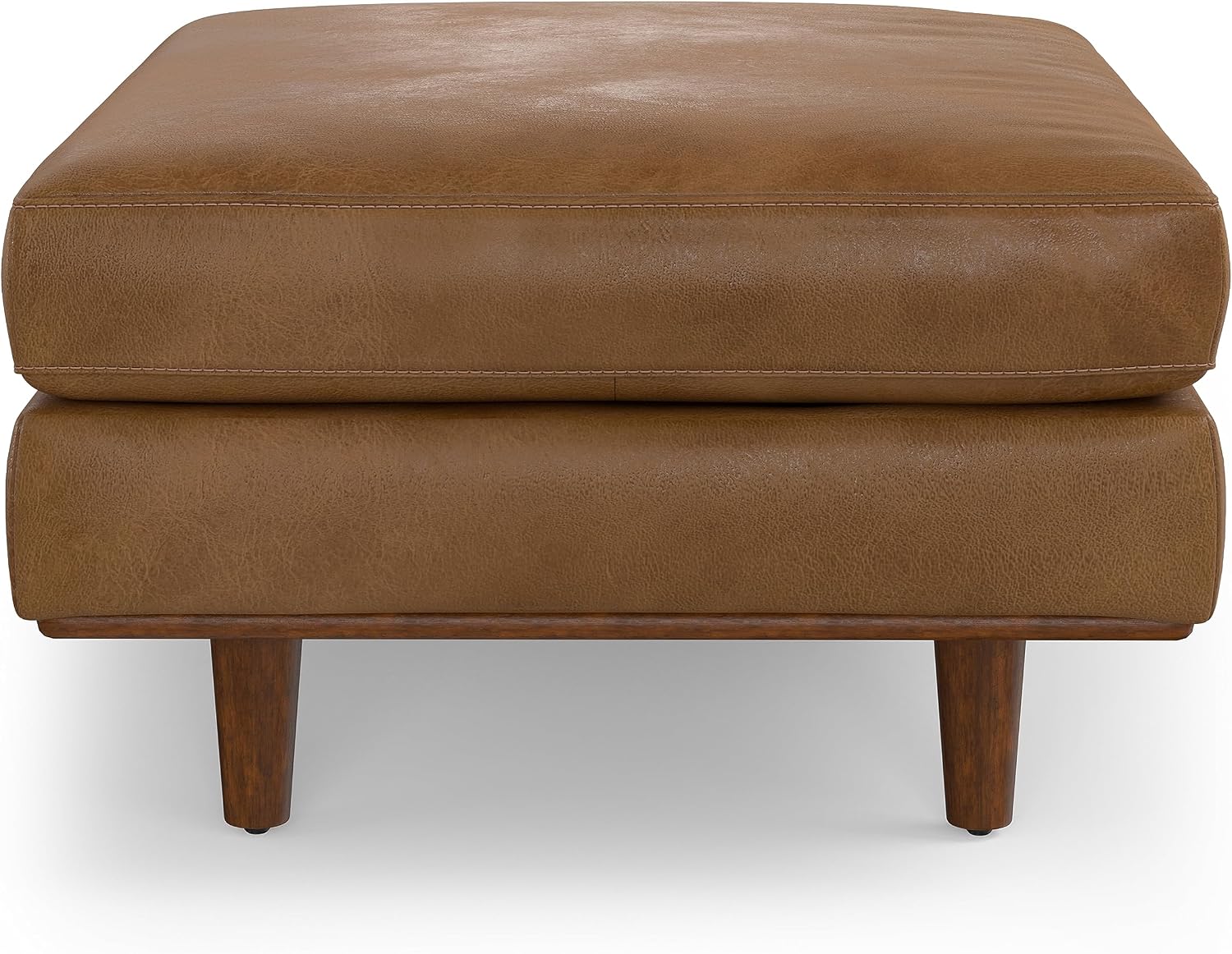 SIMPLIHOME Morrison 33 inch Wide Ottoman in Caramel Brown Genuine Leather, Multifunctional Footrest, Coffee Table, and Extra Seating for Living Room, Mid-Century Modern Style