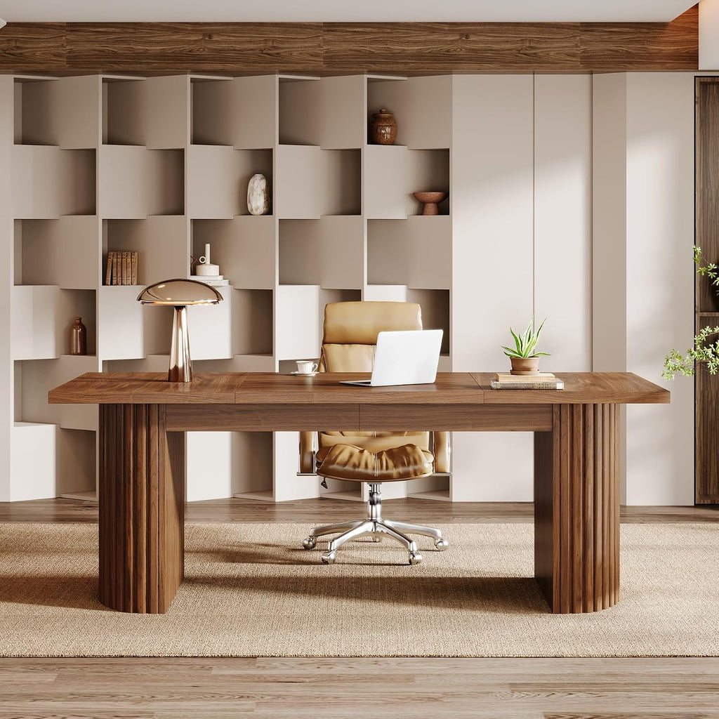 Tribesigns 78.74' Executive Desk, Large Farmhouse Computer Office Desk with Double Pedestal, Wooden Study Writing Table Workstation Conference Table for Home Office, Walnut (Brown)