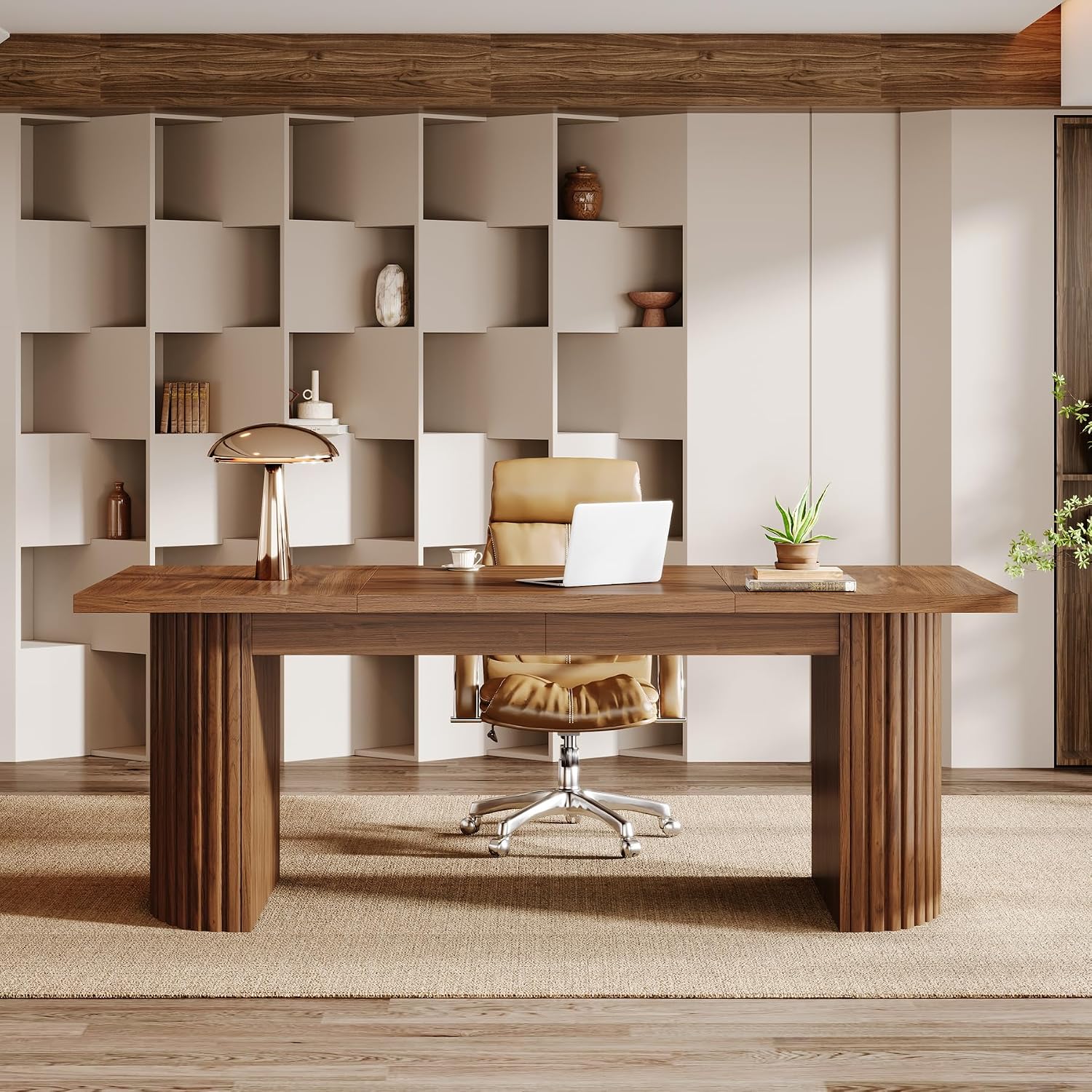 Tribesigns 78.74' Executive Desk, Large Farmhouse Computer Office Desk with Double Pedestal, Wooden Study Writing Table Workstation Conference Table for Home Office, Walnut (Brown)