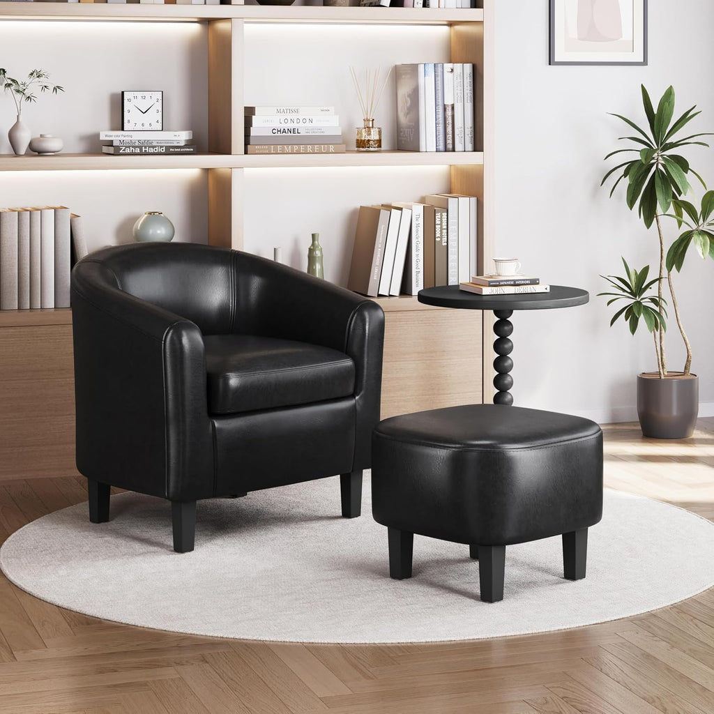 Yaheetech Barrel Chair with Ottoman Set, Faux Leather Accent Chair with Soft Padded and Sturdy Legs for Living Room/Bedroom/Study/Waiting Room, Black