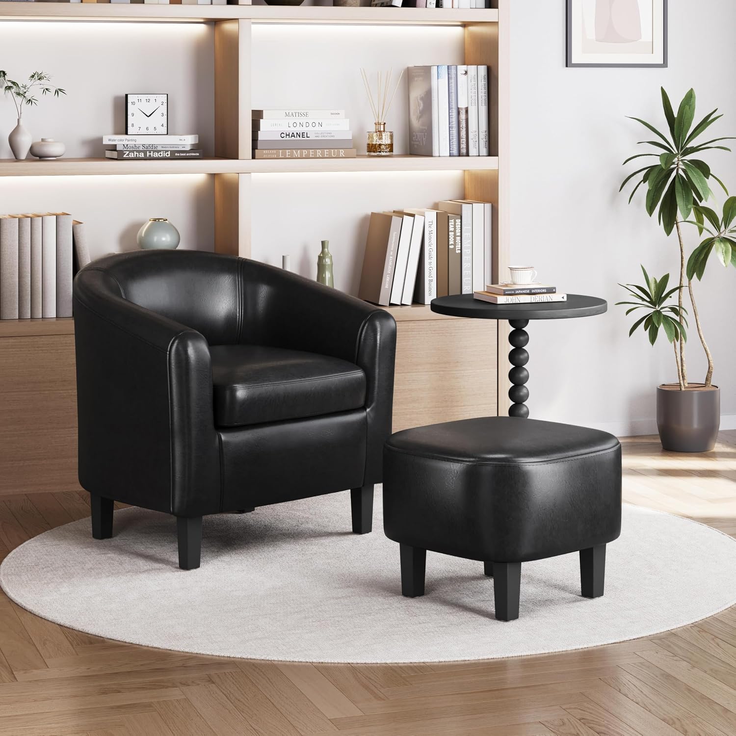 Yaheetech Barrel Chair with Ottoman Set, Faux Leather Accent Chair with Soft Padded and Sturdy Legs for Living Room/Bedroom/Study/Waiting Room, Black