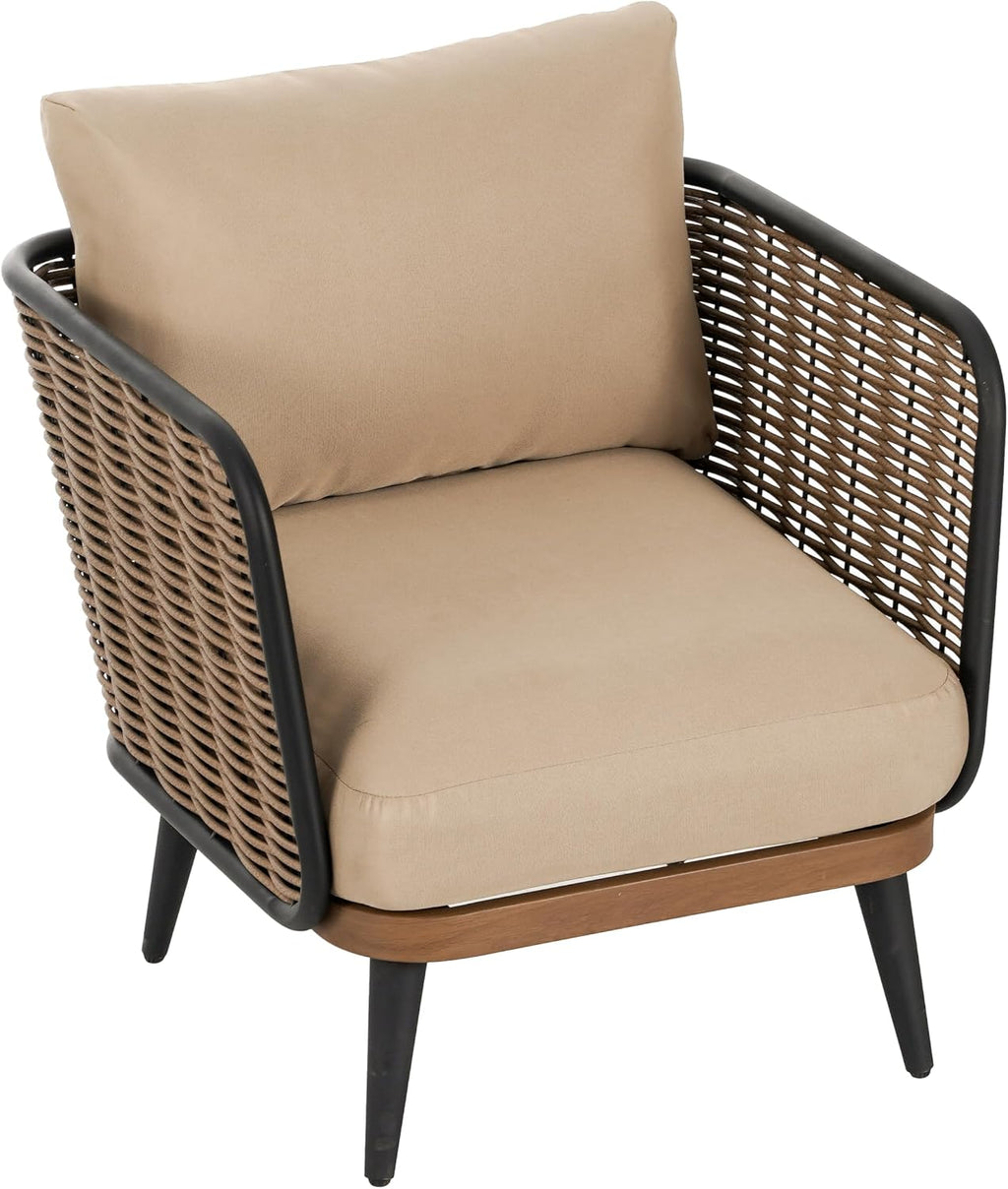 Christopher Knight Home Xayah Patio Wicker Accent Chair Set of 2, Outdoor Lounge Chair with Water-Resistant Cushion, Woven Faux Rattan Backrest & Armrest, Sturdy Metal Frame Armchair, Brown + Khaki