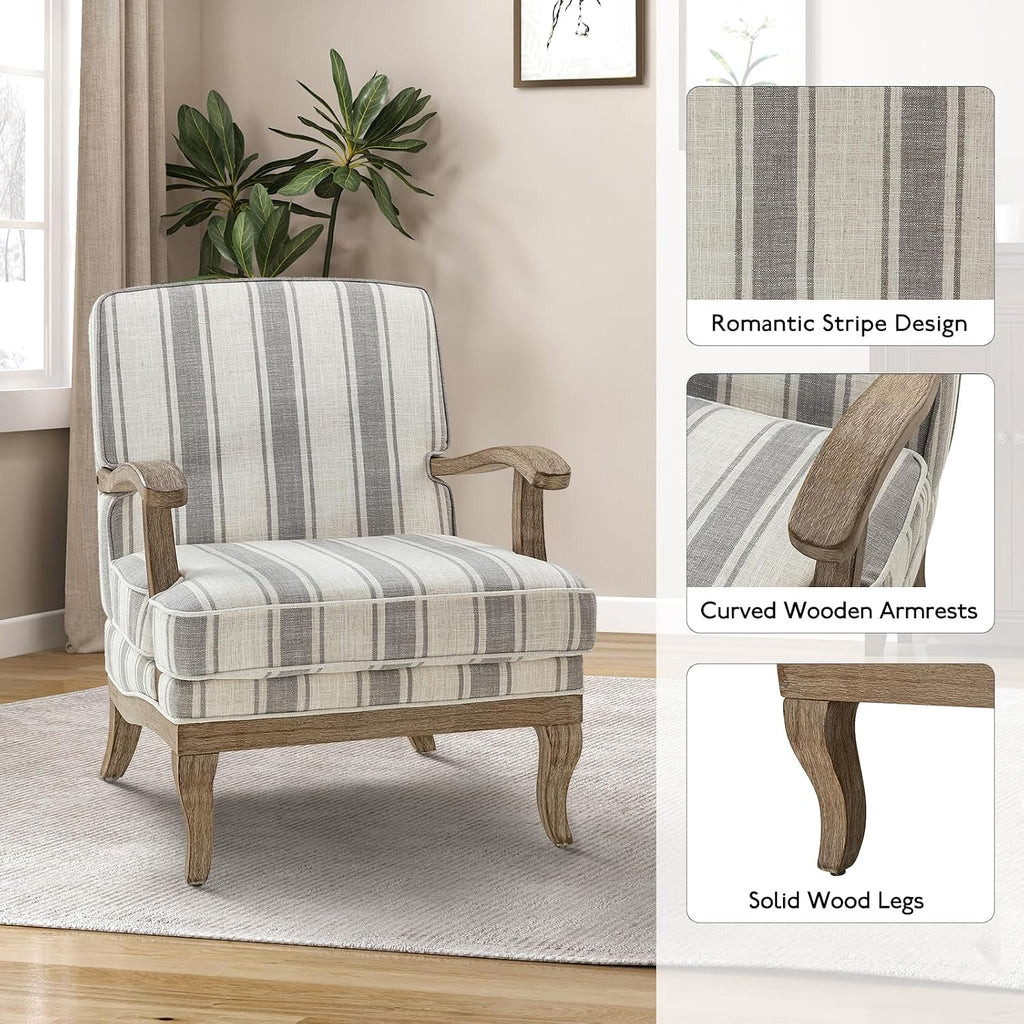 HULALA HOME Upholstered Accent Chair, Mid-Century Modern Striped Chair with Graceful Curves and Wooden Legs, Comfy Lounge Armchair Striped Accent Chairs for Living Room, Bedroom (Grey)