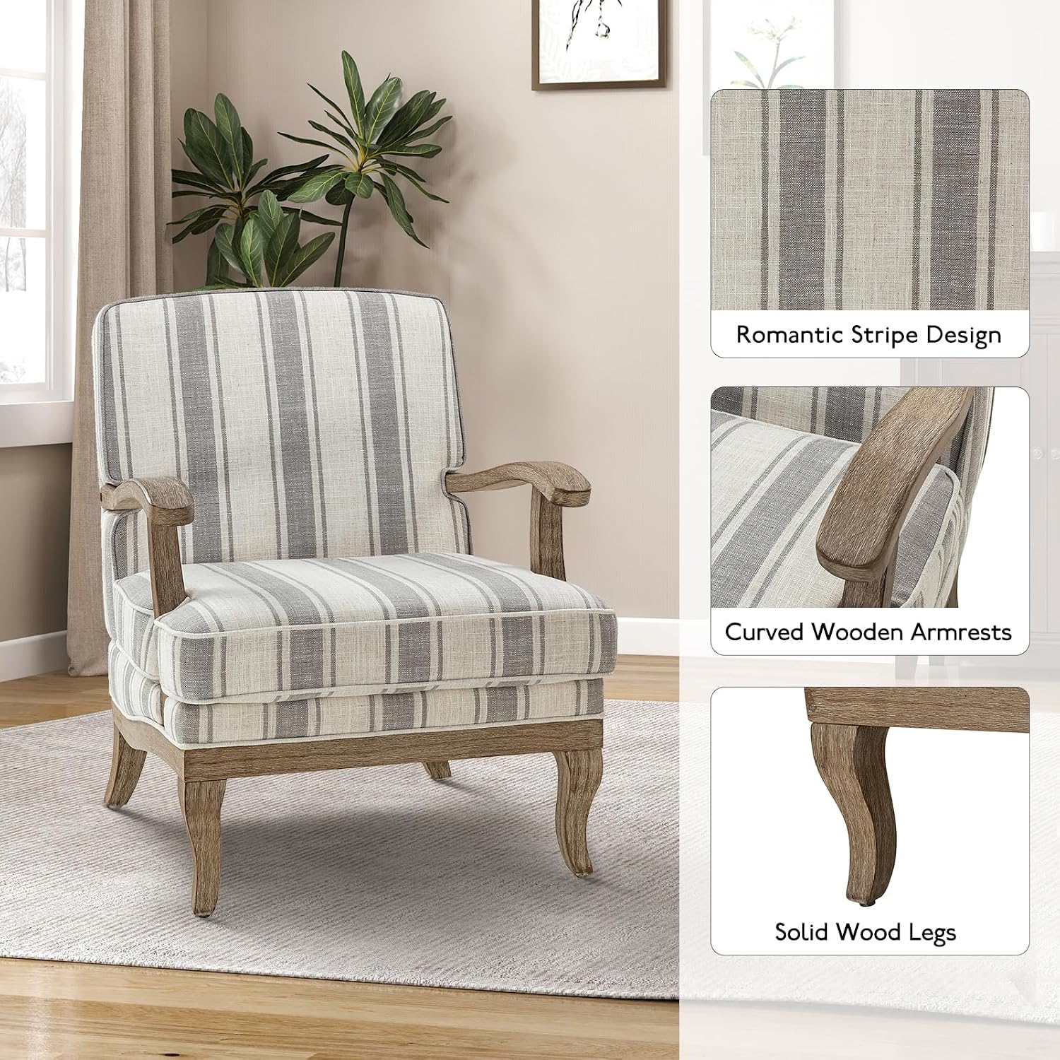 HULALA HOME Upholstered Accent Chair, Mid-Century Modern Striped Chair with Graceful Curves and Wooden Legs, Comfy Lounge Armchair Striped Accent Chairs for Living Room, Bedroom (Grey)