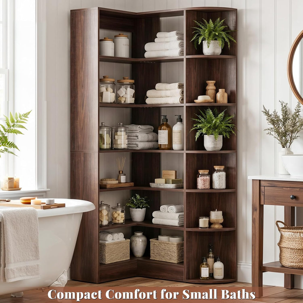 Cyclysio 71' Tall Corner Shelf, 7-Tier L-Shaped Corner Bookshelf with Raised Edges, Large Freestanding Storage Rack for Kitchen, Pantry, Dining Room, Living Room, Home Office, Black Walnut