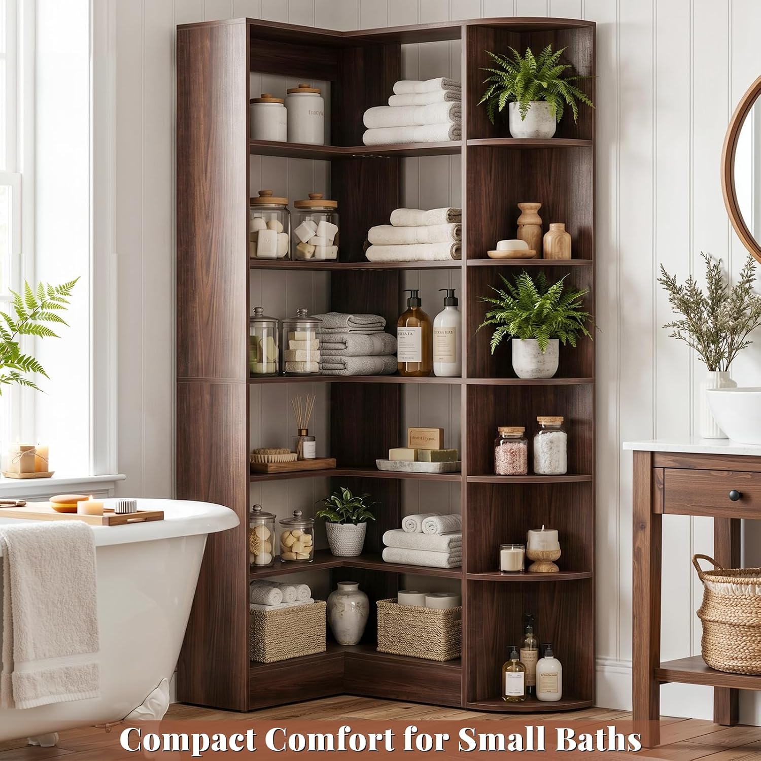 Cyclysio 71' Tall Corner Shelf, 7-Tier L-Shaped Corner Bookshelf with Raised Edges, Large Freestanding Storage Rack for Kitchen, Pantry, Dining Room, Living Room, Home Office, Black Walnut