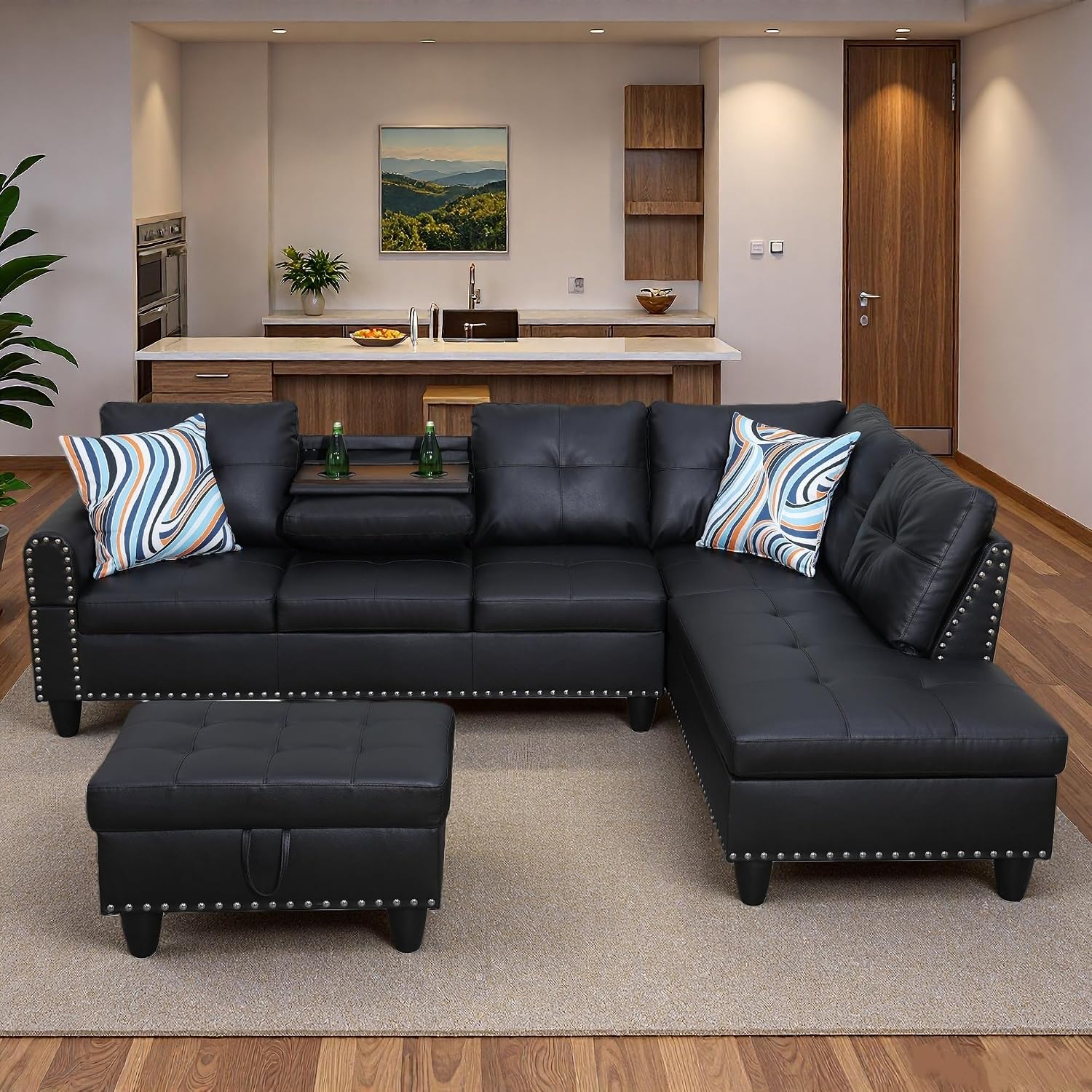 Sectional Couches for Living Room with Movable Chaise & Storage Ottoman - 97.5' Leather L Shaped Couches for Living Room Apartment, Home Modular Sectional Sofas with Cup Holder, Black