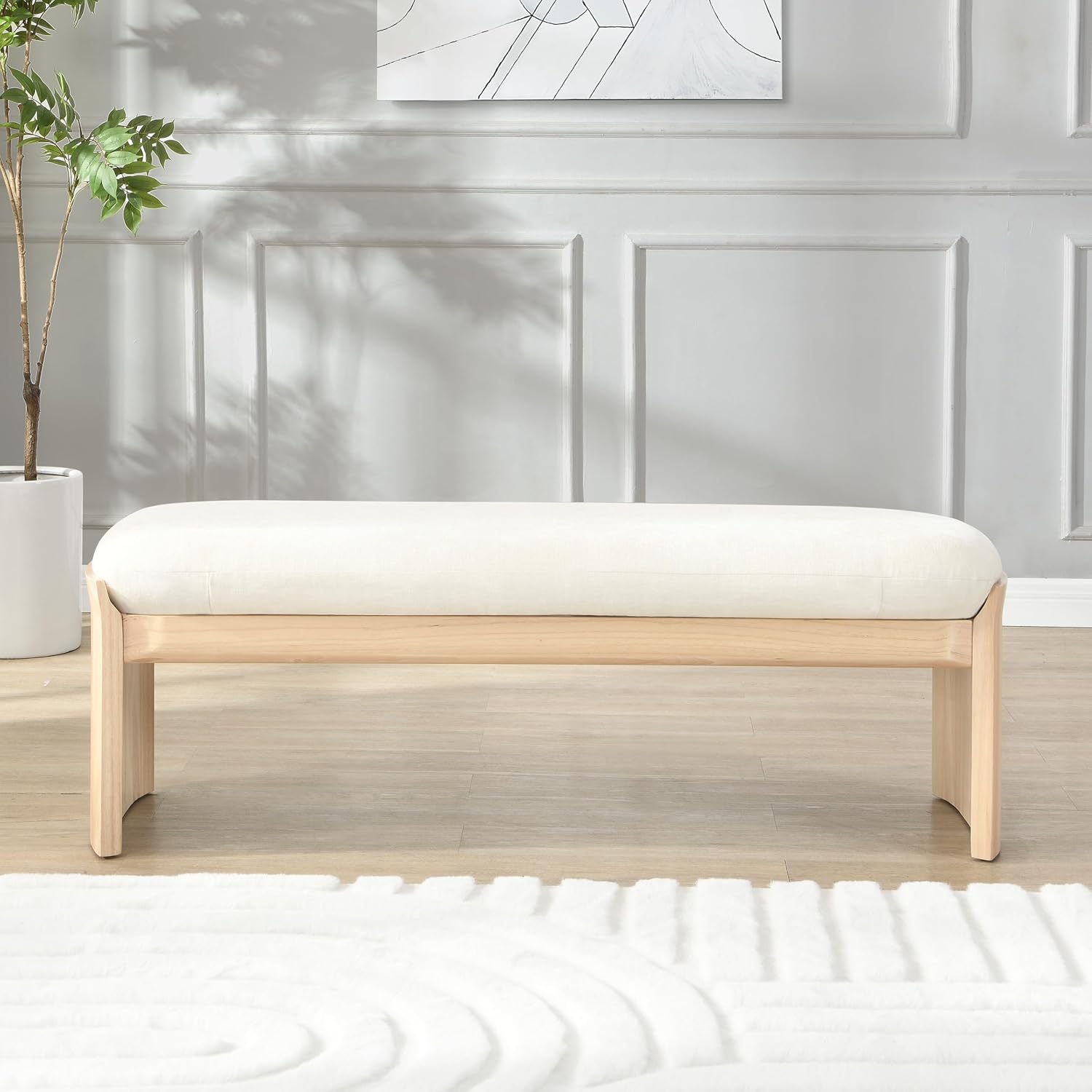 Christopher Knight Home Paxton Fabric Upholstered Ottoman Bench, Rectangular Foot Stools Ottoman, Entryway Wood Ottoman Footrest, Bedroom End of Bed Footstool,Living Room Sofa Extra Seat,Beige+Natural
