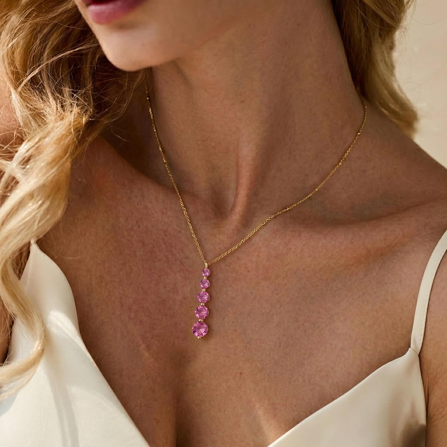GOODSTONE JEWELS Linear Drop Pendant Necklace for Women in Yellow Gold Plated | Size 16+2 Inch Cable Chain with Lobster Clasp | Natural Birthstone Jewelry Gift for Her