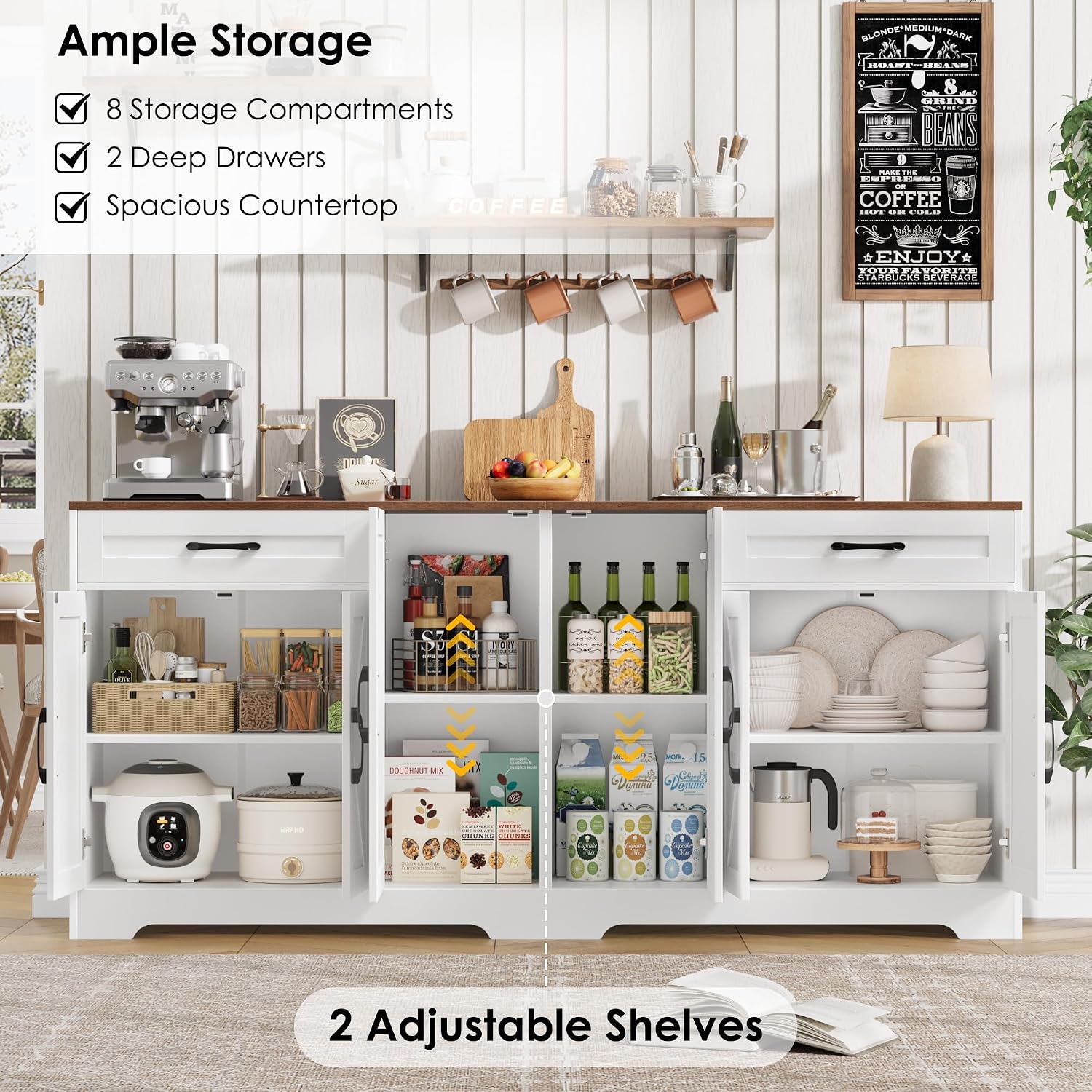 BOTLOG 71' Large Sideboard Buffet Cabinet with Storage, Farmhouse Kitchen Buffet Cabinet with Adjustable Shelves and 6 Barn Doors, Wood Coffee Wine Bar Console Table for Kitchen, Dining Room, White