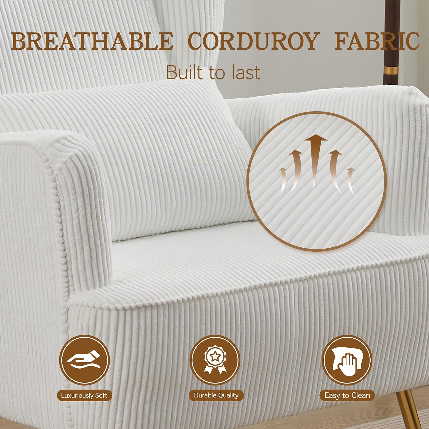 WUTUTUEE Corduroy Accent Living Room Arm Chair with Pillow & Golden Legs, 8.5' Thick Cushion, Mid Century Modern Wingback Chairs Upholstered Comfy Sofa Armchair for Reading Room/Bedroom, White