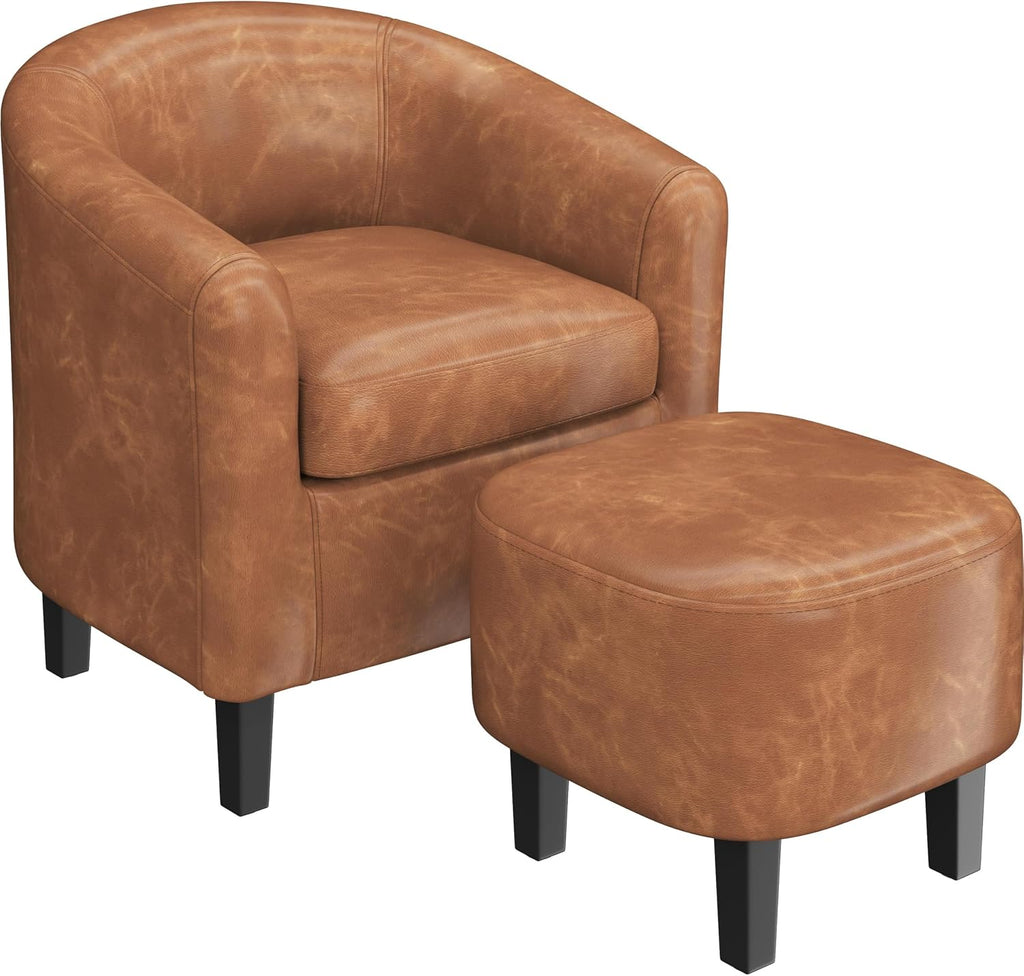 Yaheetech Barrel Chair with Ottoman Set, Faux Leather Accent Chair with Soft Padded and Sturdy Legs for Living Room/Bedroom/Study/Waiting Room, Brown