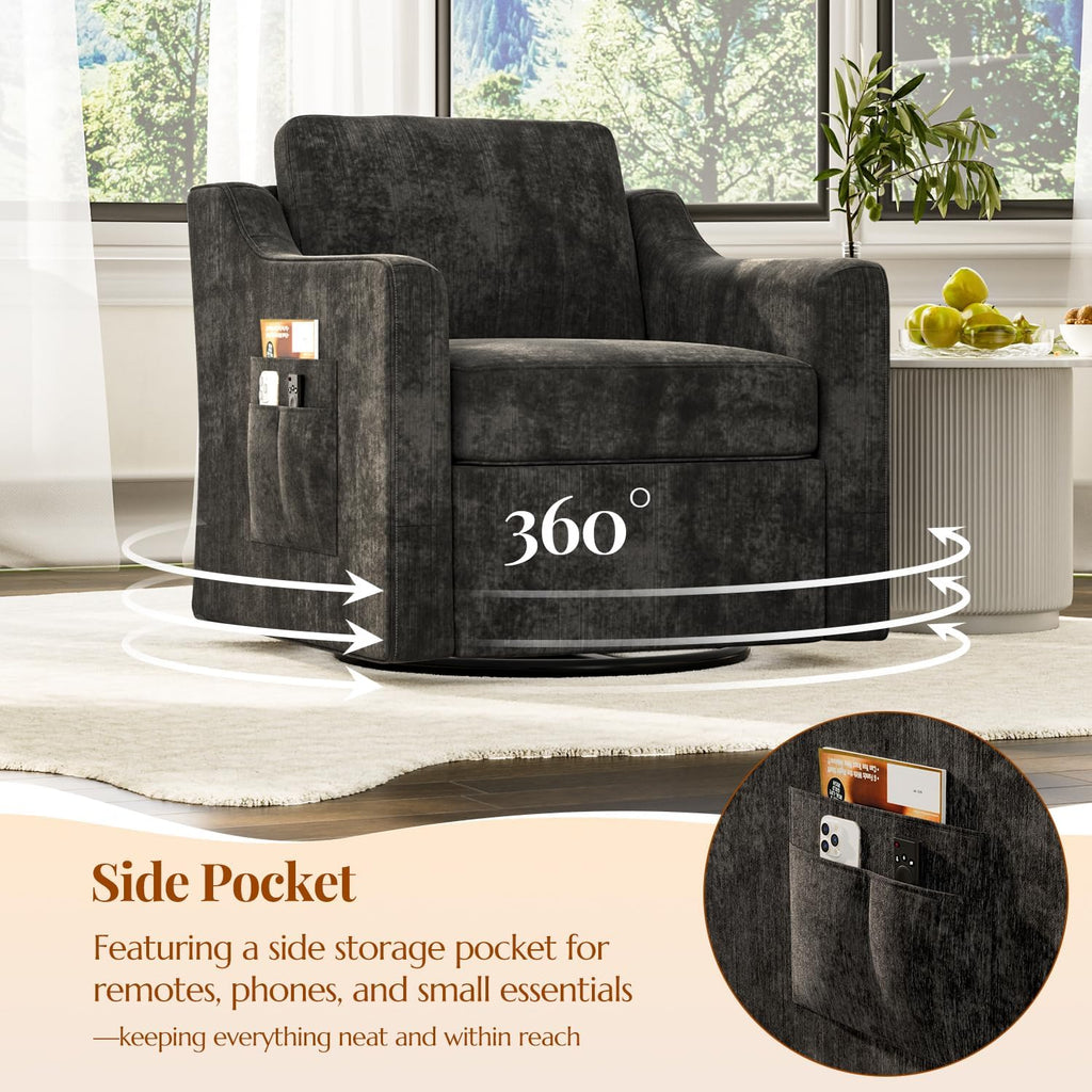 360° Swivel Accent Chair, Large Comfy Reading Chair, Square Single-Seat Armchair Upholstered Sofa for Reading, Nursery, Living Room, Bedroom, Lounge, Hotel, Black