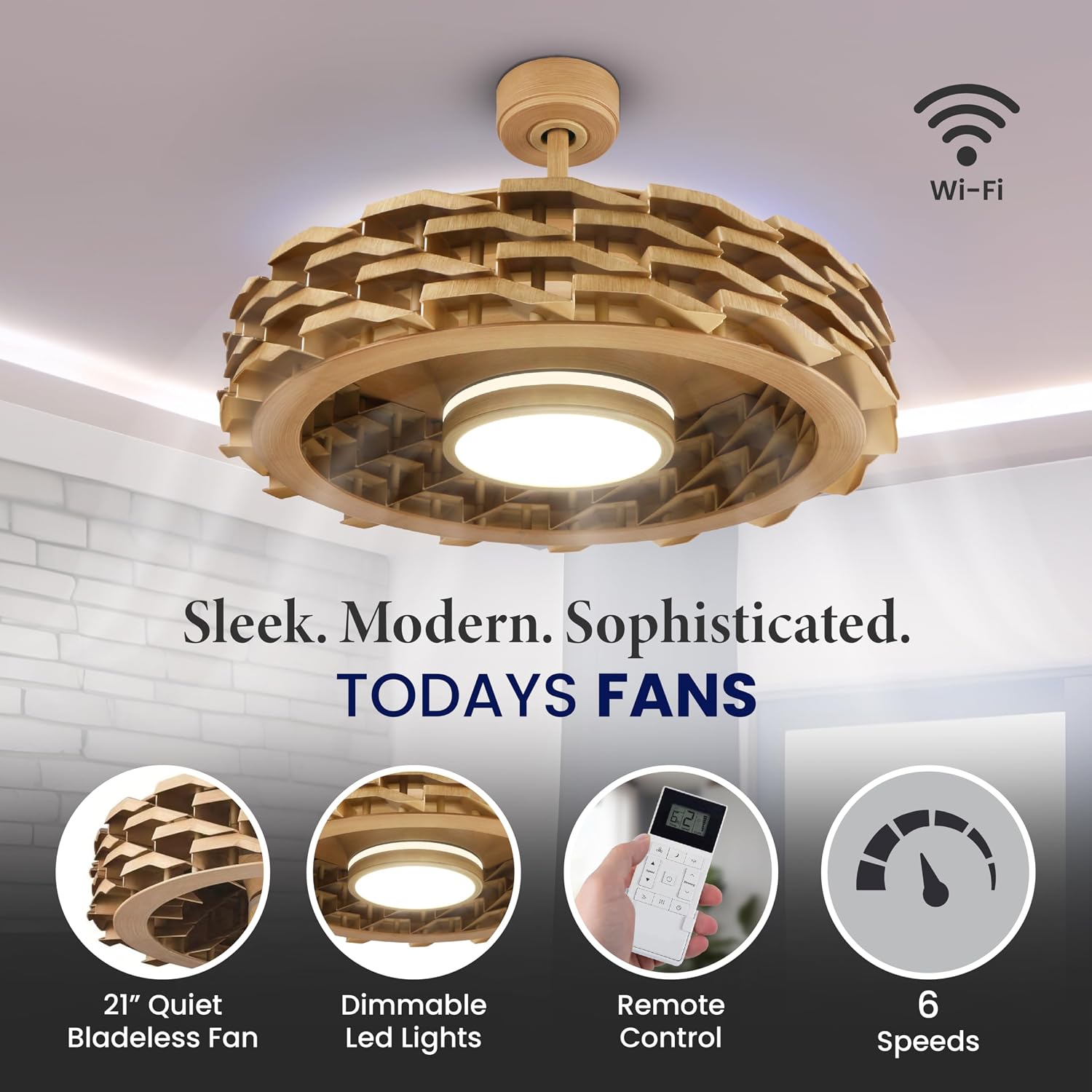 Bladeless Ceiling Fan with Lights & Remote – LUMIO 28' Low-Profile Downrod or Flush Mount Ceiling Fan with Lights for Bedroom & More – Dimmable LED, Night Light & Wi-Fi Connect, Faux Wood