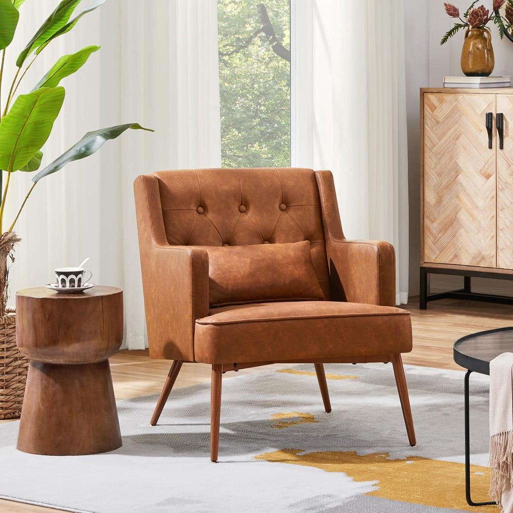 Yaheetech Accent Chair, Living Room Chair Mid Century PU Leather Armchair Lumbar Pillow, Comfy Upholstered Reading Chair Wood Leg Bedroom Lounge Brown