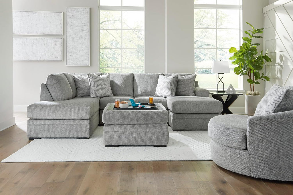 Signature Design by Ashley Casselbury Contemporary Upholstered Oversized Swivel Accent Chair with 3 Throw Pillows, Light Gray