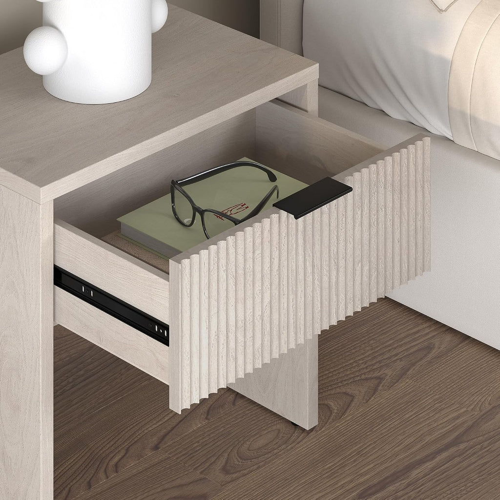 Henn&Hart 24' Fluted Modern Wooden Nightstand, Ribbed Side Table with Storage Drawer and Open Storage Space for Bedroom, Living Room, or Home Office, Beech White