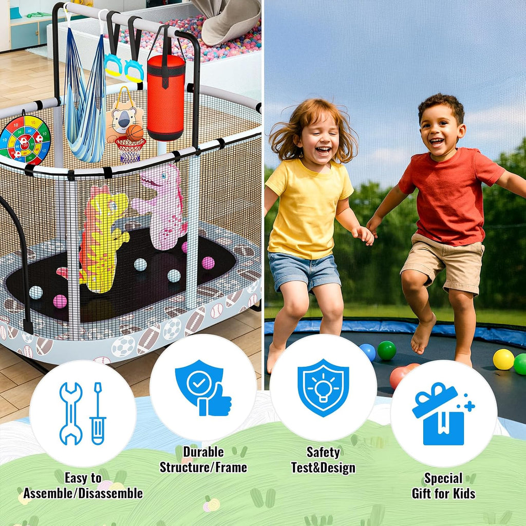LAMERGE 55' 7-in-1 Round Trampoline for Kids Boys & Girls Ages 1-8, Indoor & Outdoor Trampoline for Fun, Adjustable Height Handrail ＆ Enclosed Safety Net ＆ Durable Designs for Toddlers Children