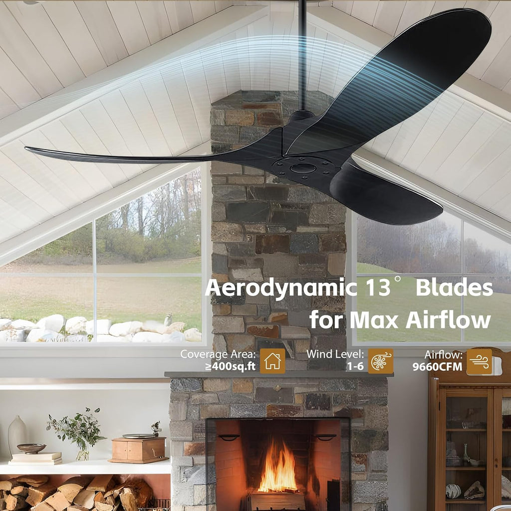 60 inch Black Outdoor Ceiling Fan for Patios without Lights Damp Rated, Large Airflow Smart Ceiling Fan with Alexa/Remote/App Control, Outdoor Wood DC Fan No Light for Commercial Indoor Exterior Porch