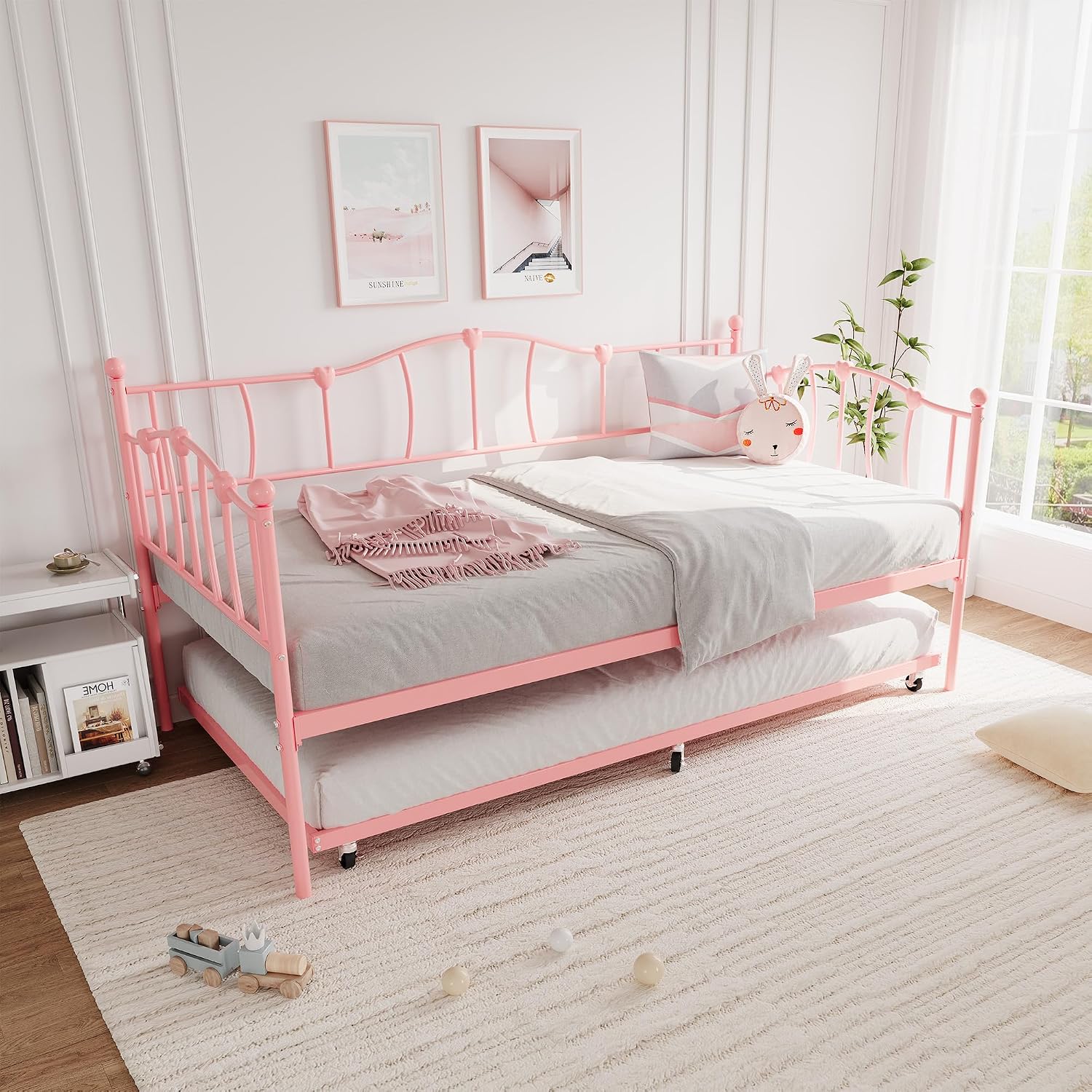 GarveeHome Twin Daybed with Trundle, Metal Sofa Bed Frame with Steel Slat Support, for Living Room, Bedroom, Love Heart Design, No Box Spring Needed, Pink