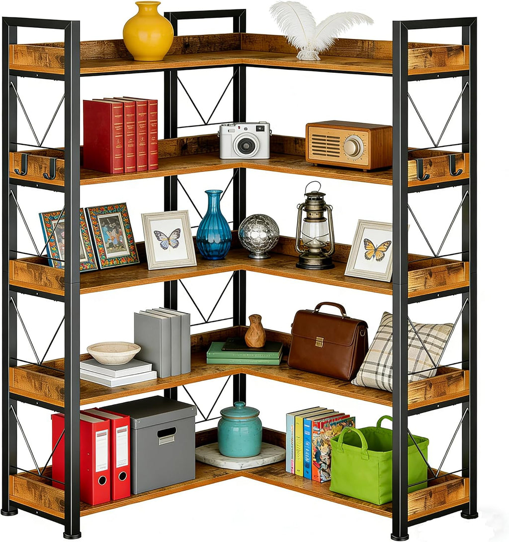 Simple Deluxe 5-Tier Industrial L-Shaped Corner Bookshelf 65', Open Storage Shelving with Hooks & Edge Trim, Sturdy Metal Wood Frame for Living Room, Bedroom, Home Office, Kitchen, Brown