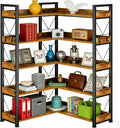 Simple Deluxe 5-Tier Industrial L-Shaped Corner Bookshelf 65', Open Storage Shelving with Hooks & Edge Trim, Sturdy Metal Wood Frame for Living Room, Bedroom, Home Office, Kitchen, Brown
