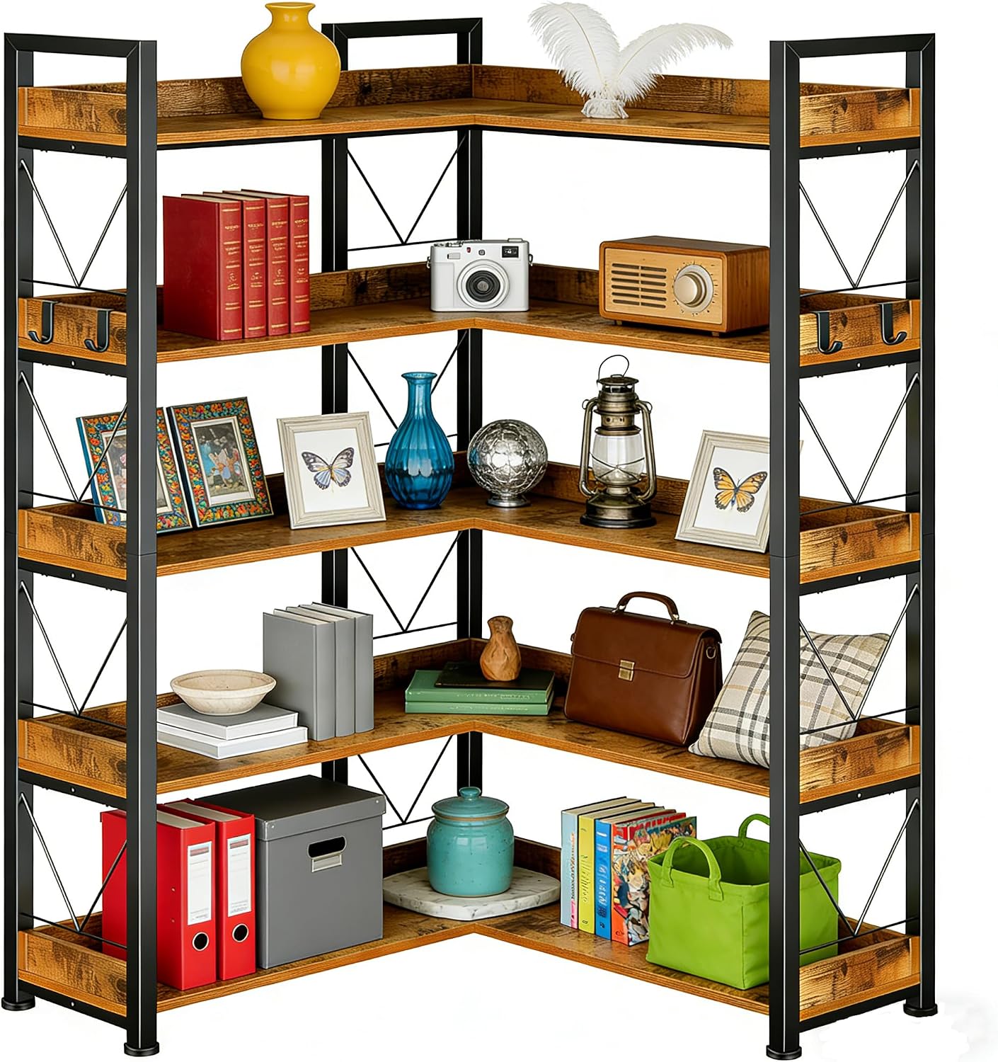 Simple Deluxe 5-Tier Industrial L-Shaped Corner Bookshelf 65', Open Storage Shelving with Hooks & Edge Trim, Sturdy Metal Wood Frame for Living Room, Bedroom, Home Office, Kitchen, Brown