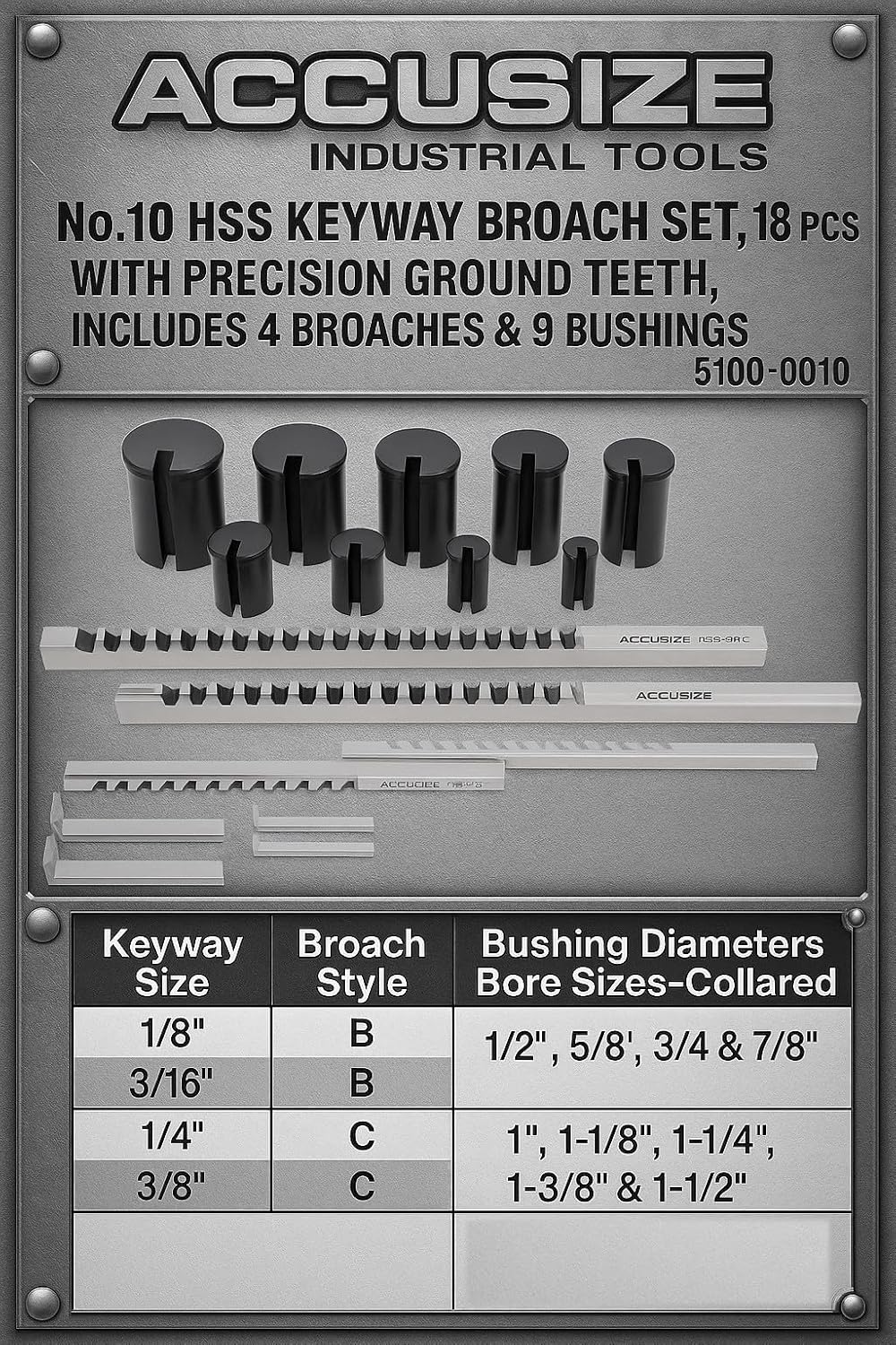 Accusize Industrial Tools - No.10 HSS Keyway Broach Set, 18 Pcs with Precision Ground Teeth, Includes 4 Broaches & 9 Bushings, 5100-0010 | Cuts 18 Keyways, B-1/8, 3/16, C-1/4, 3/8 in, Precision Ground HSS, Fitted Case, 5100-0010