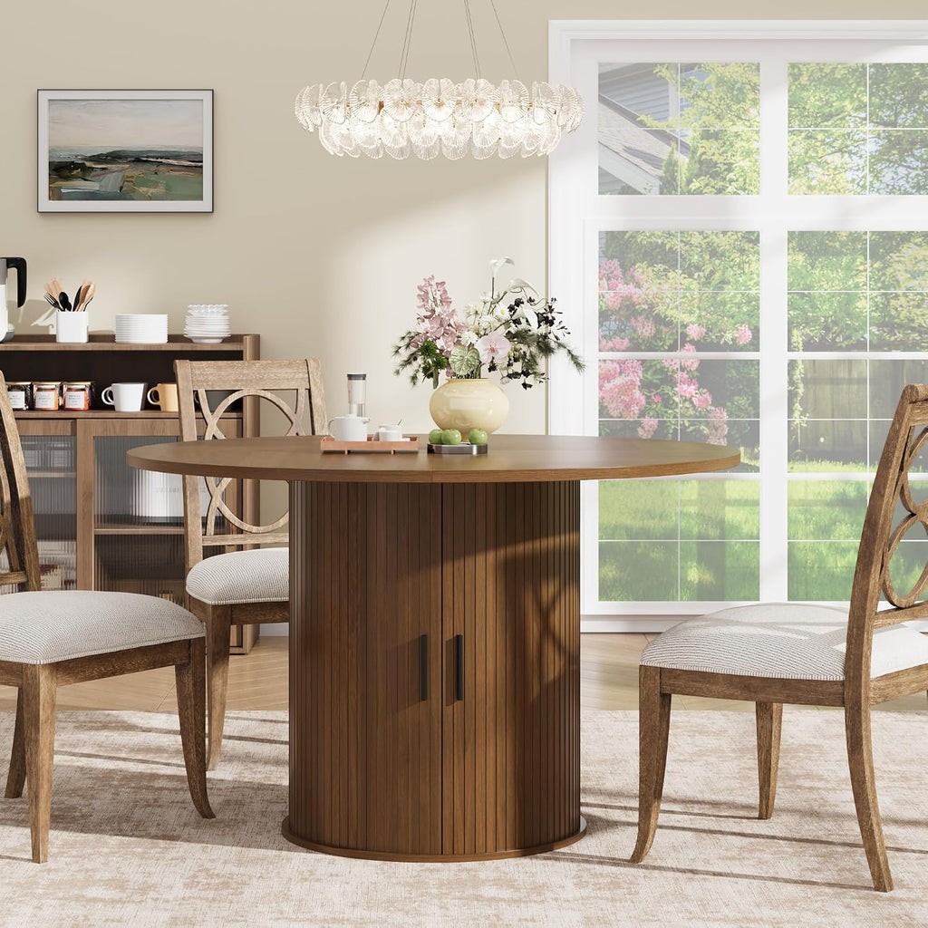 Garvee 47 Inch Round Dining Table for 4, Kitchen Table Dinner Table with 2-Layer Storage Shelf and Wood Slide Door for Home Dining Room Living Room