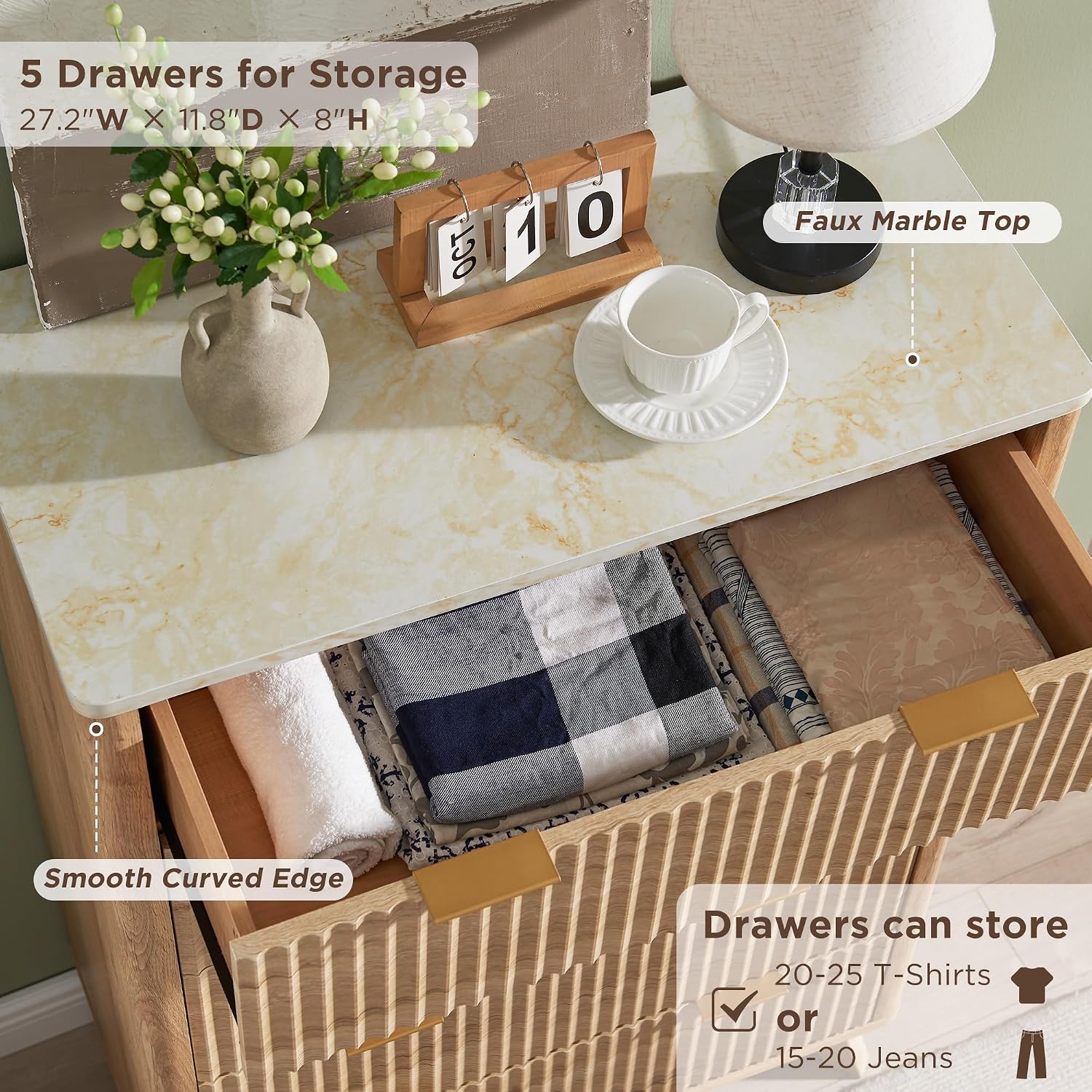 T4TREAM Fluted 5 Drawers Dresser, 48' Tall Modern Chest of Drawers with Faux Marble Top, Curved Profile Design, Wood Drawer Organizer for Bedroom, Living Room, Hallway, Entryway, Natural Oak