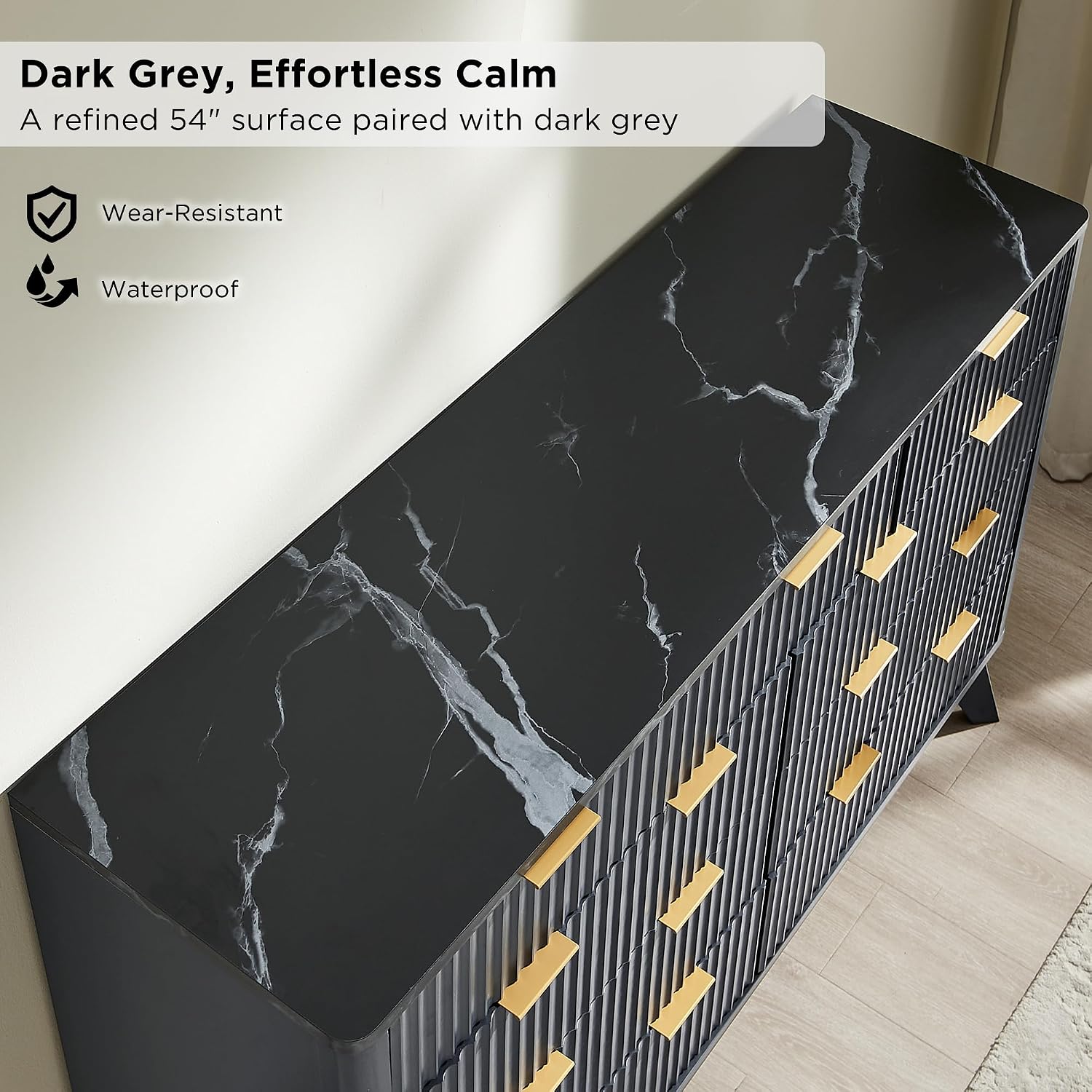T4TREAM Fluted 9 Drawers Dresser, 54' Wide Modern Chest of Drawers with Faux Marble Top, Curved Profile Design, Dresser TV Stand, Wood Drawer Organizer for Bedroom, Living Room, Hallway, Dark Grey