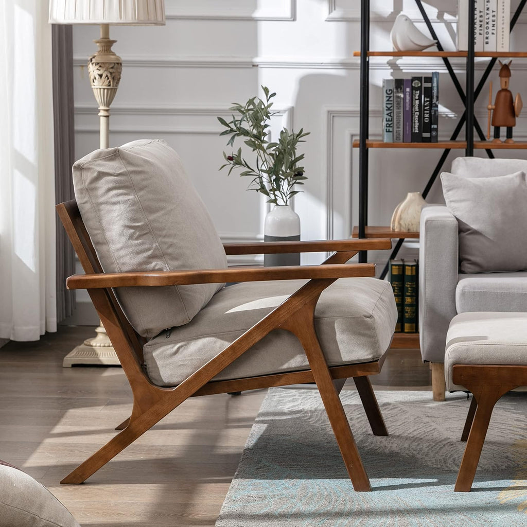 chairus Mid-Century Modern Accent Chair, Comfy Upholstered Lounge Armchair with Removable Cushions & Solid Wood Frame, Reading Chair for Living Room Bedroom Office, Beige Denim Fabric