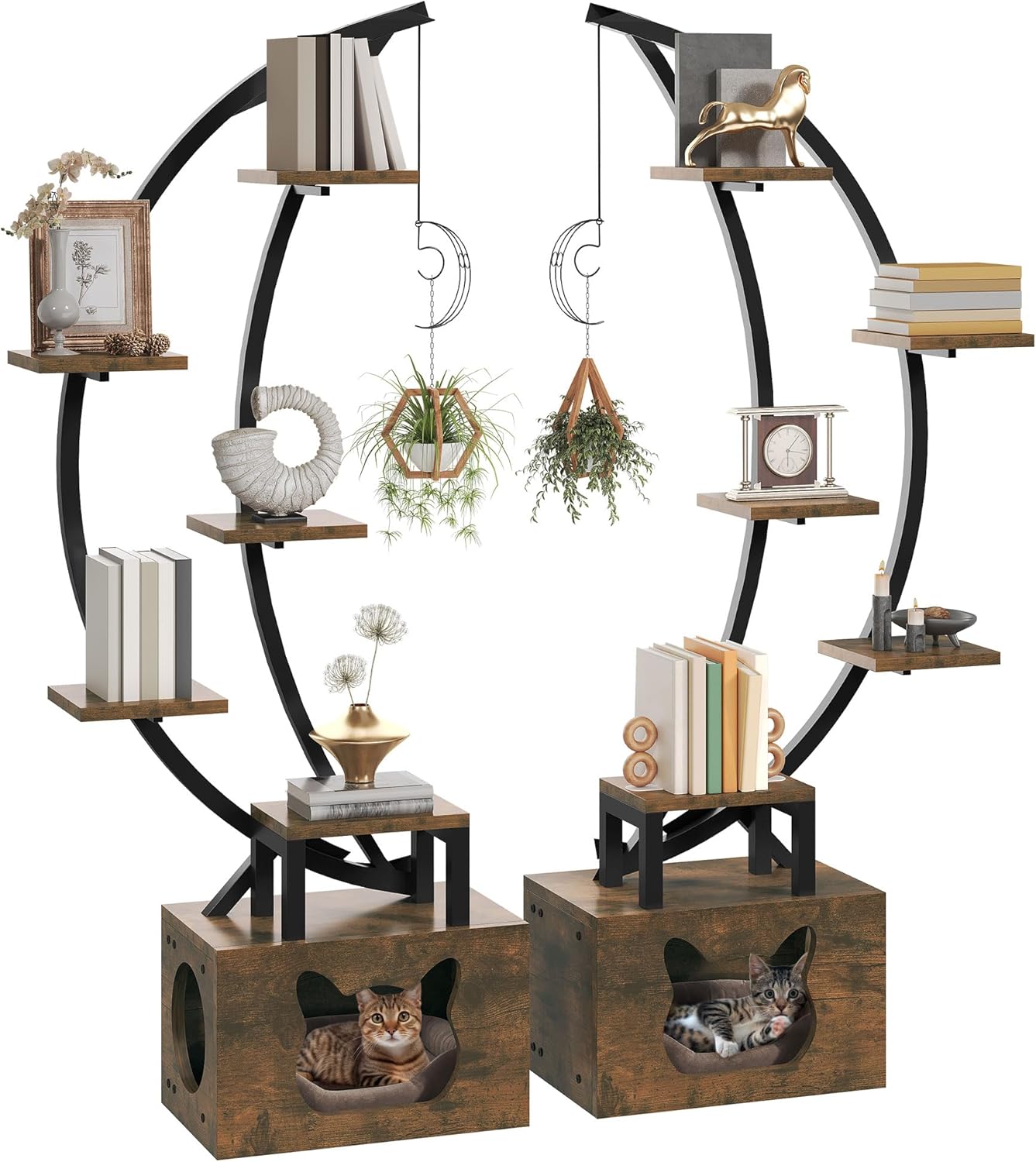 YITAHOME Tall Bookshelf with LED Light, Artistically Designed Arched Bookshelf with Cats Litter Box,10-Tier Bookcase Corner Display Shelf for Home Office, Bedroom