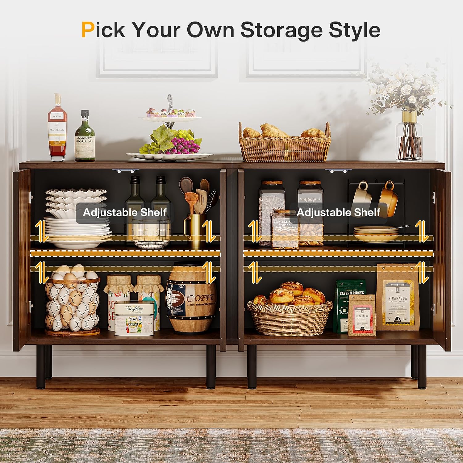 Tribesigns Set of 2 Sideboard Buffet with Storage, 59' Buffet Sideboard Cabinet with Adjustable Shelves, Accent Storage Cabinet for Living Room, Dark Brown