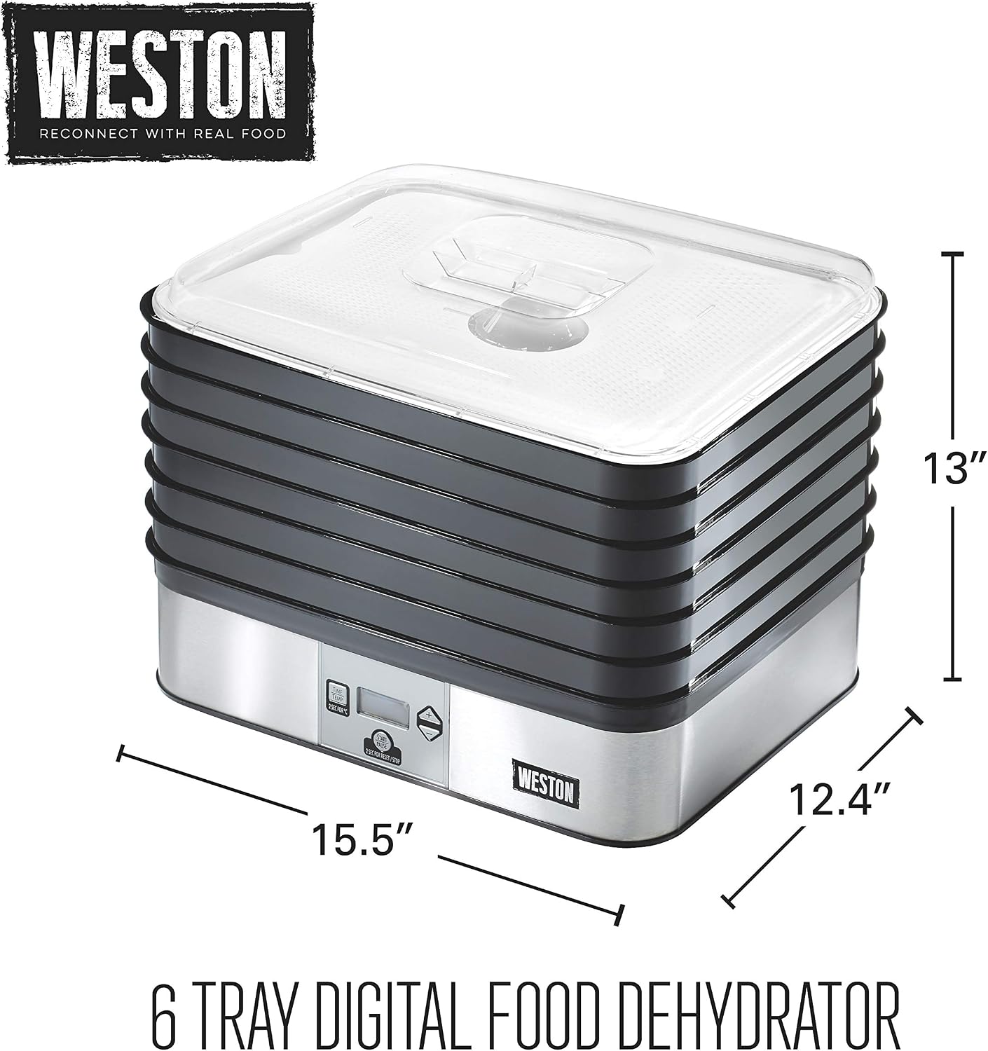 Weston Food Dehydrator Machine for Jerky, Fruit, Meat, Herbs, Vegetables, with Digital Temperature Control (100-160F), 6 Stackable Trays (7.4 sq. ft.), White (75-0450-W)