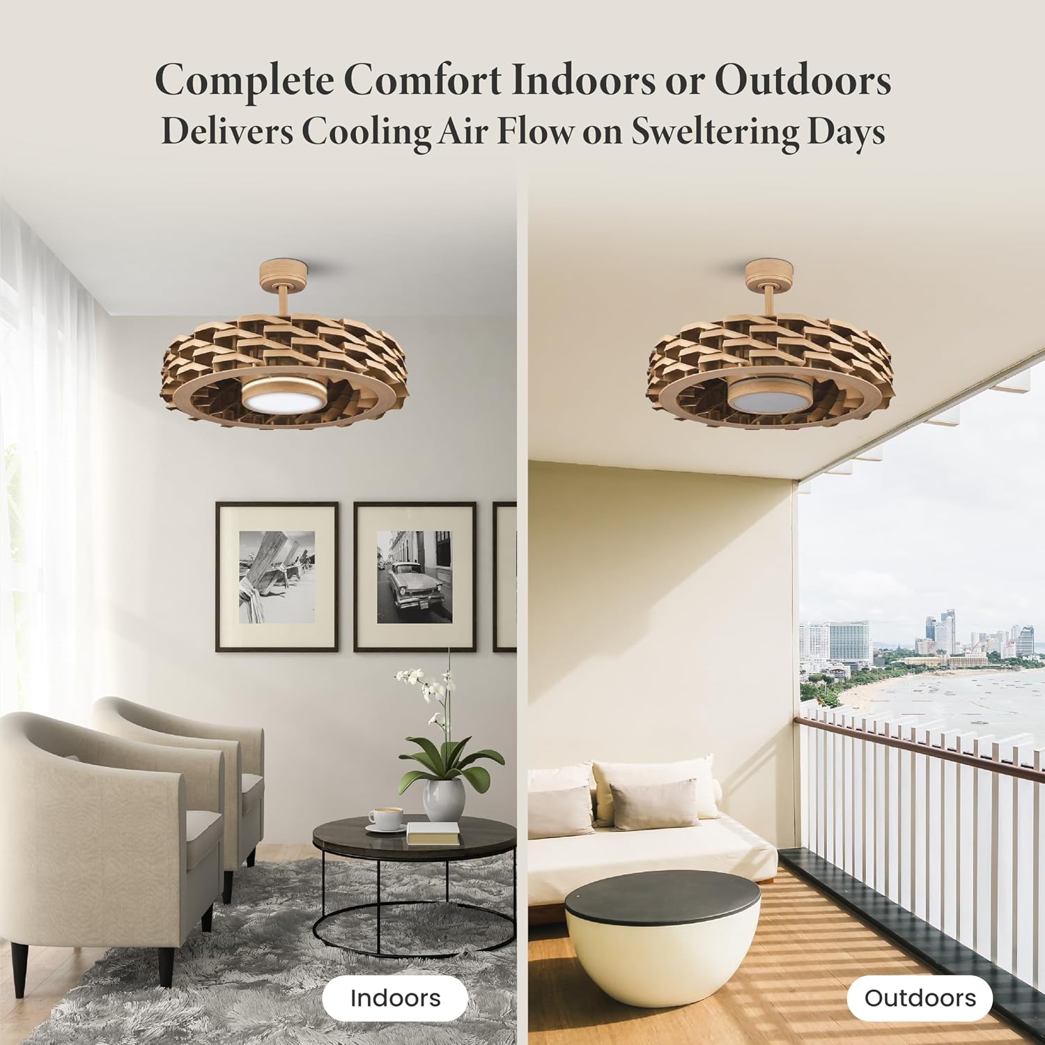 Bladeless Ceiling Fan with Lights & Remote – LUMIO 28' Low-Profile Downrod or Flush Mount Ceiling Fan with Lights for Bedroom & More – Dimmable LED, Night Light & Wi-Fi Connect, Faux Wood