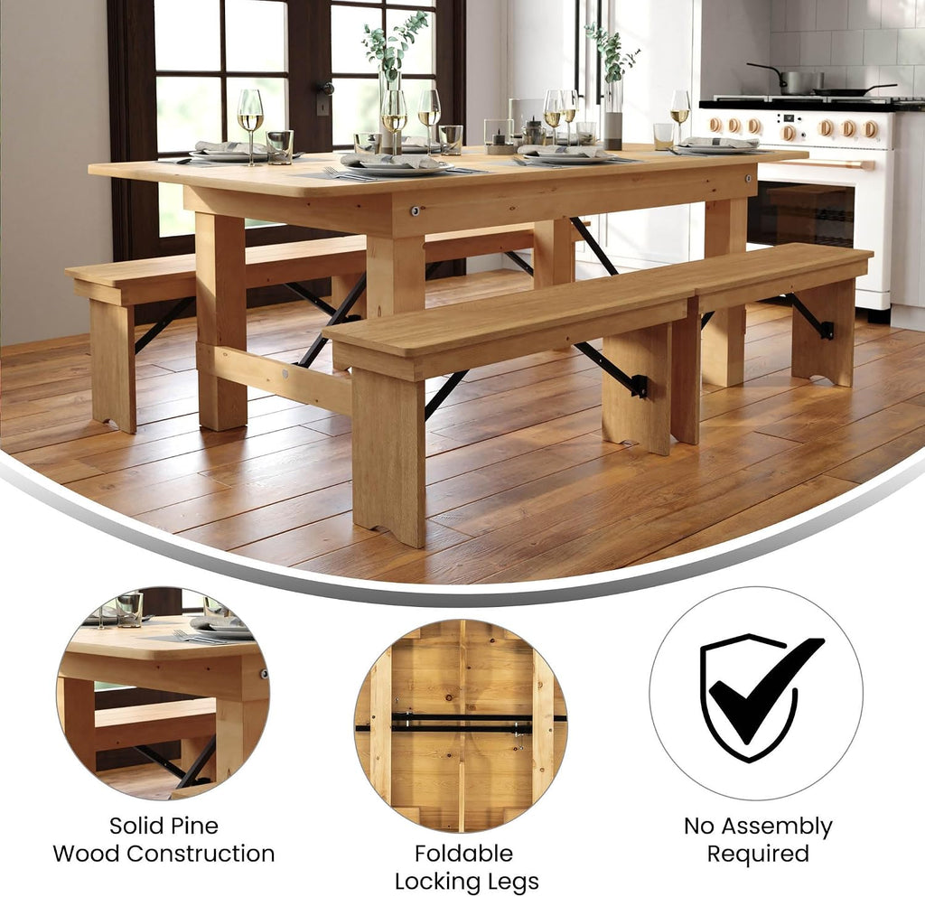 Flash Furniture HERCULES 7' x 40' Rectangular Antique Rustic Solid Pine Folding Farm Table, Light Natural