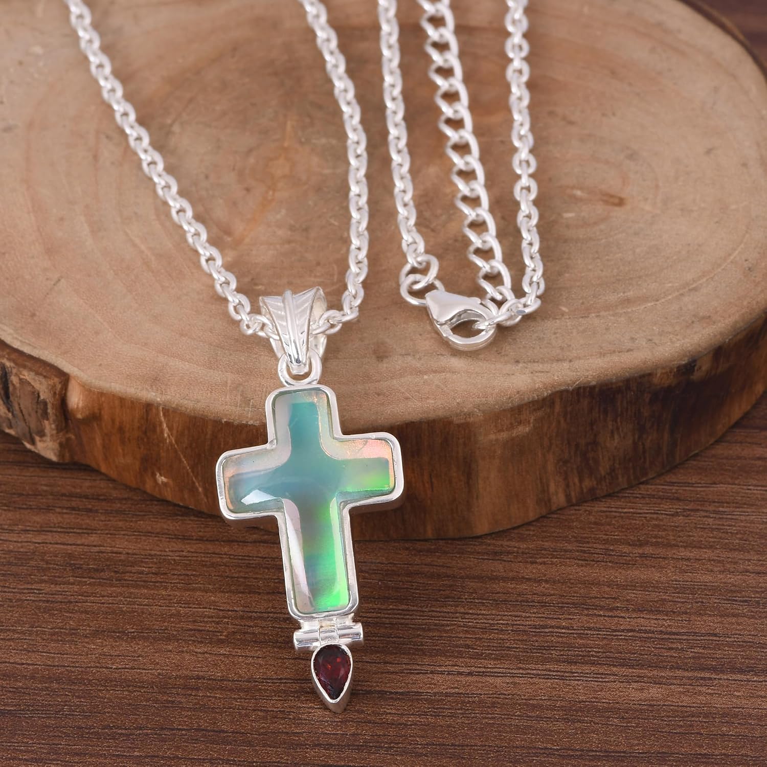 925 Sterling Silver with Doublet Aurora Opal Sky with Garnet Iridescent Opalite Cross Pendant Necklace for Women | Ornate Border | Dainty Cable Chain | Christian Religious Jewelry Gift