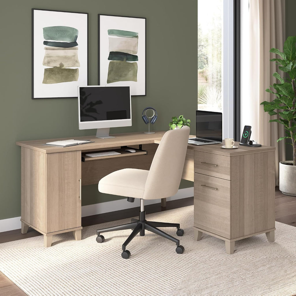 Bush Home 60-Inch L-Shaped Desk with Storage, Corner Computer Office Desk with Drawers and Storage Cabinet, Home Office Furniture, Somerset Collection, Ash Gray